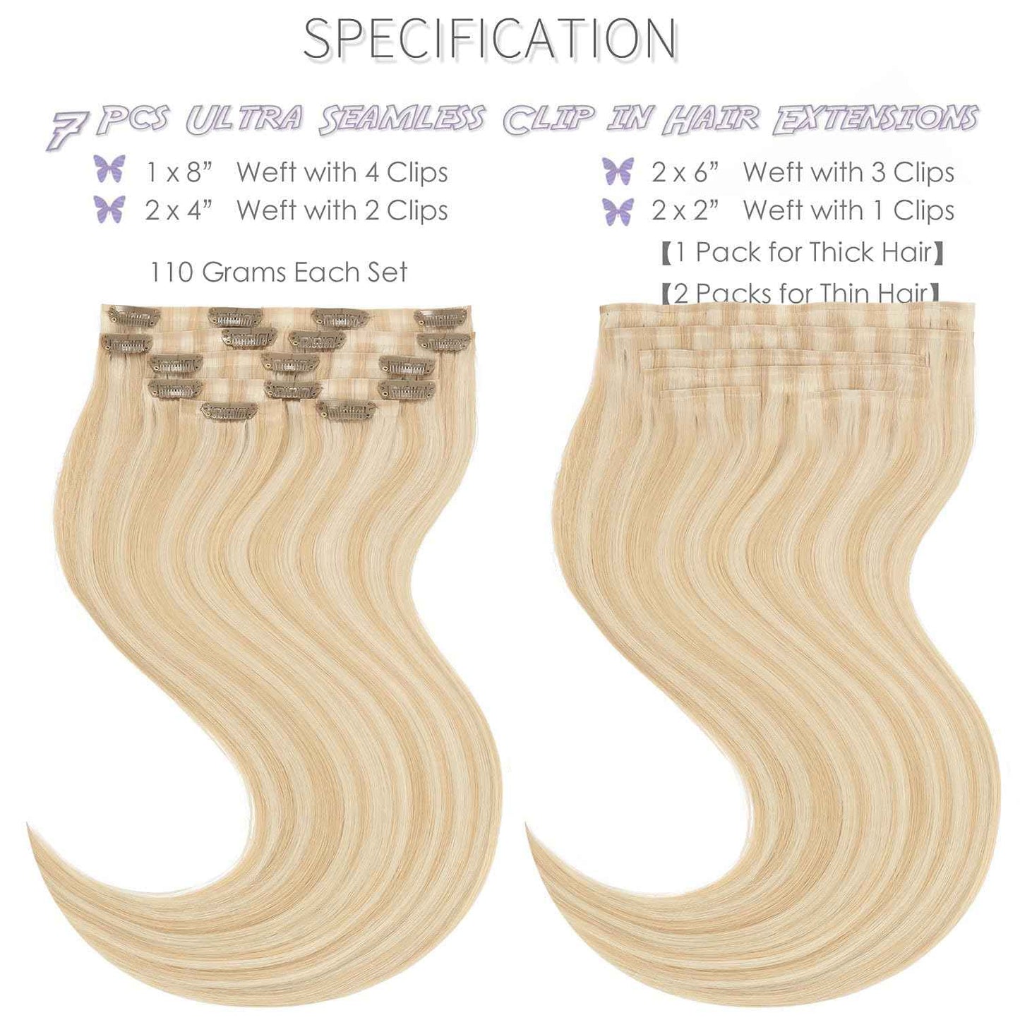 Lacer Hair 14 Inch 110g Seamless Hair Extensions Clip in Human Hair Dark Ash Blonde Mixed Platinum Blonde Invisible PU Skin Weft Straight Human Hair Highlight Color For Women