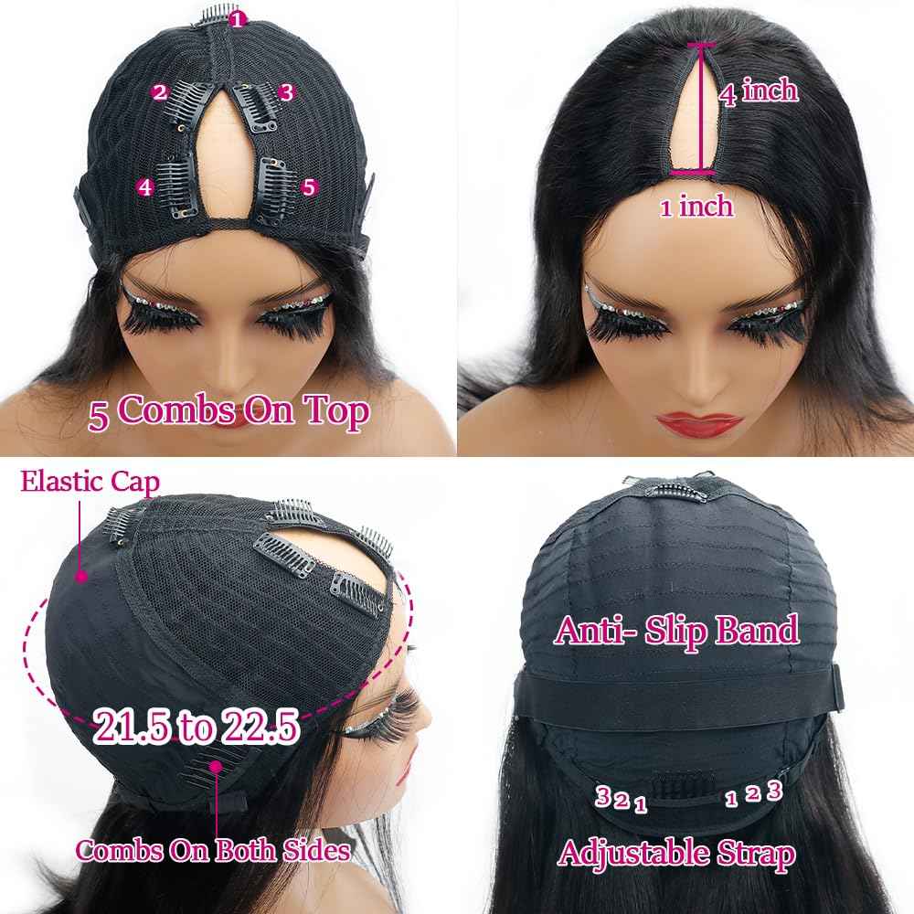 Pobokix Straight V Part Wigs Human Hair Upgrade U Part Human Hair Wigs for Black Women Glueless Clip In Half Wig 180% Density Natural Color (8inch)