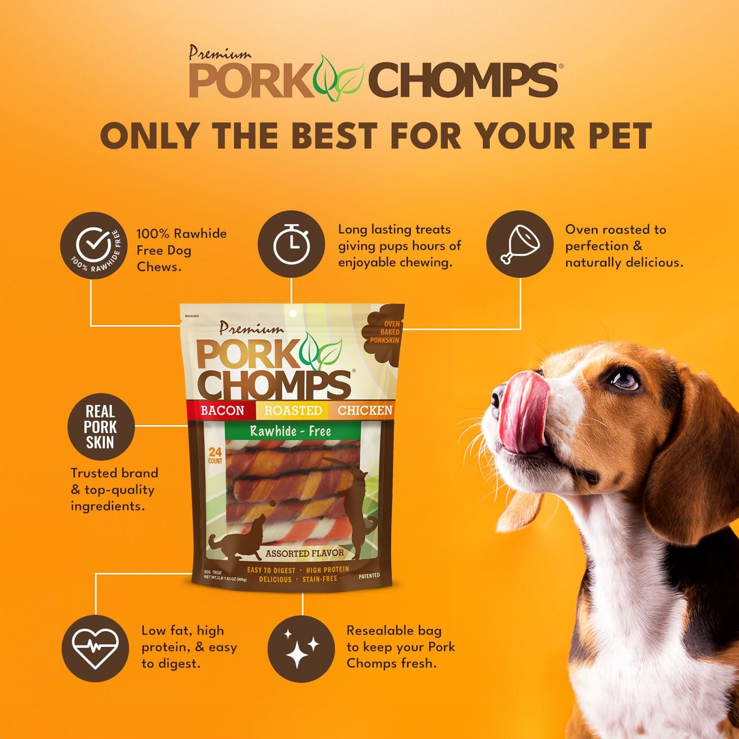 Pork Chomps Baked Pork Skin Dog Chews, 6-inch Twists, Assorted Flavors, 24 Count