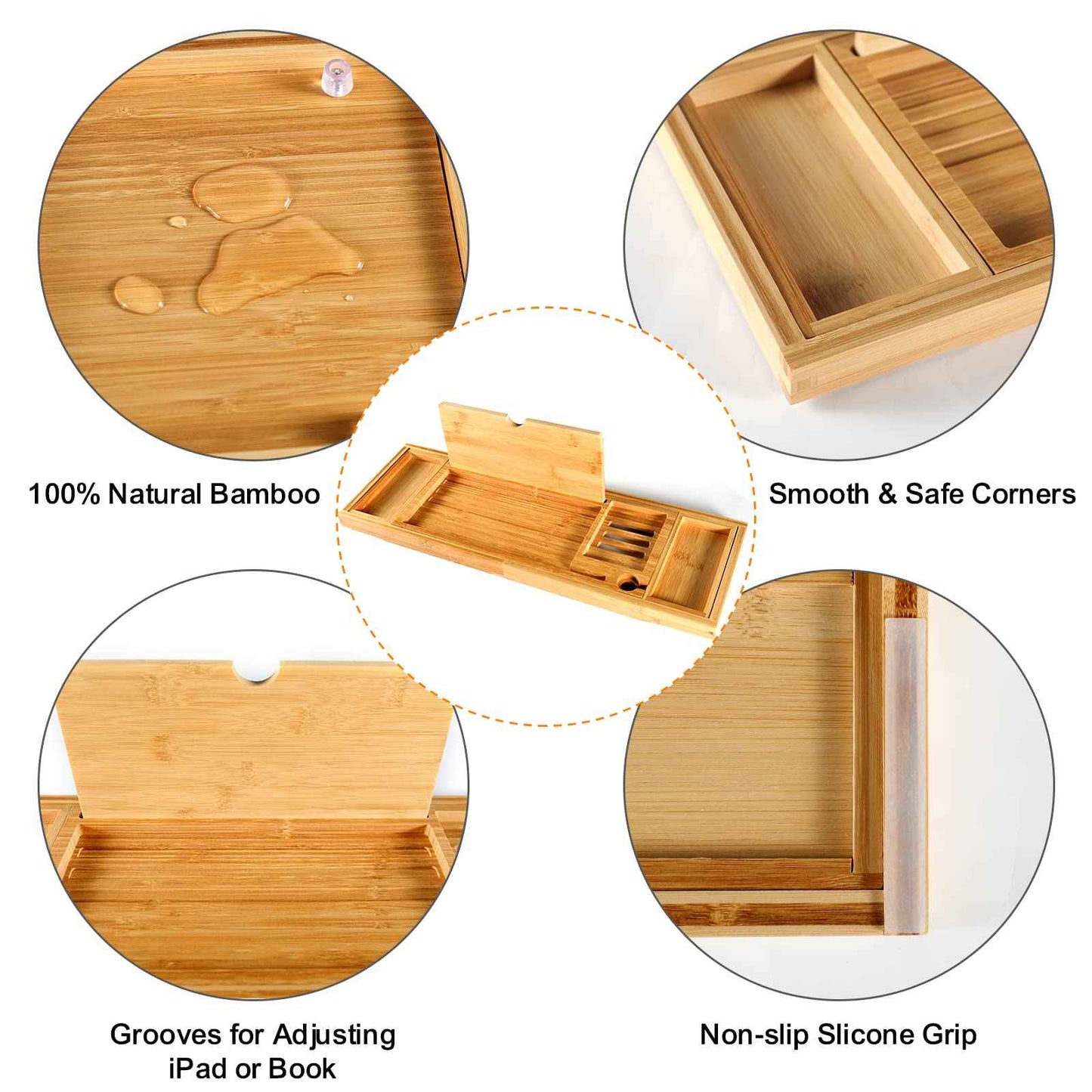 Premium Bamboo Bathtub Caddy Tray with Extending Sides, Adjustable Wood Bath Tray for Luxury Bath, Fits Most Tubs, Accessories Gift Idea