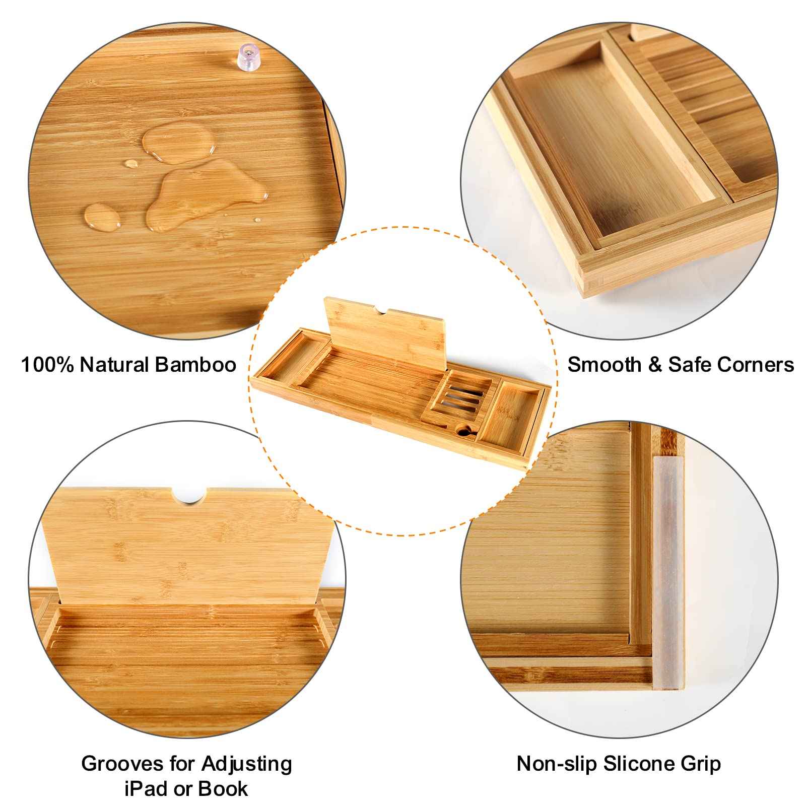 Premium Bamboo Bathtub Caddy Tray with Extending Sides, Adjustable Wood Bath Tray for Luxury Bath, Fits Most Tubs, Accessories Gift Idea