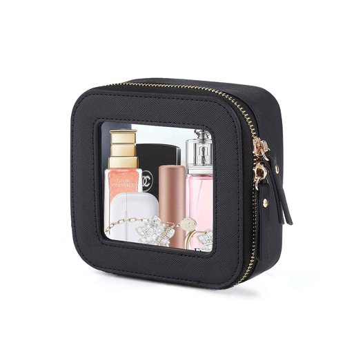 ELIZAHOME Small Makeup Bag, Travel Toiletry Bag, Mini Double-Sided Clear Waterproof Cosmetic Bag Organizer，Car Essentials for Women (Mini-Black)