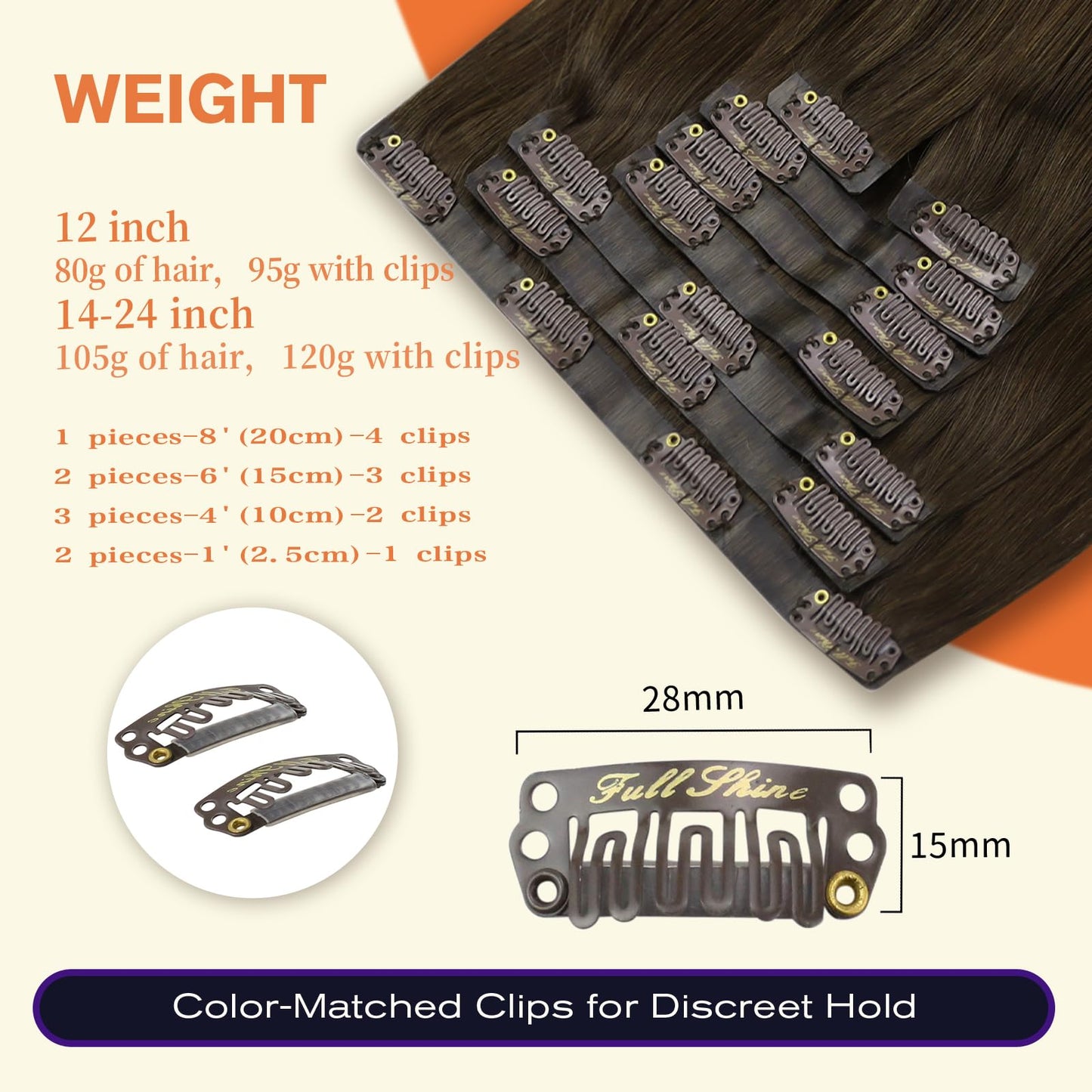 Full Shine Seamless Clip in Hair Extensions Human Hair Brown Remy Hair Extensions Clip in Human Hair Triple Weft Darkest Brown Hair Straight Natural Hair Extensions for Women 8 Pcs 95 g 12 Inch