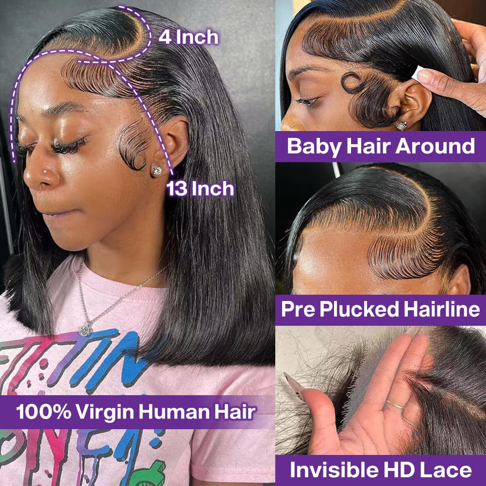 HIRIREMY Lace Front Bob Wigs Human Hair 13x4 HD Lace Glueless Bob Wig Human Hair Short Straight Frontal Bob Wigs for Black Women Human Hair Pre Plucked with Baby Hair Side Part 180% Density 14 Inch