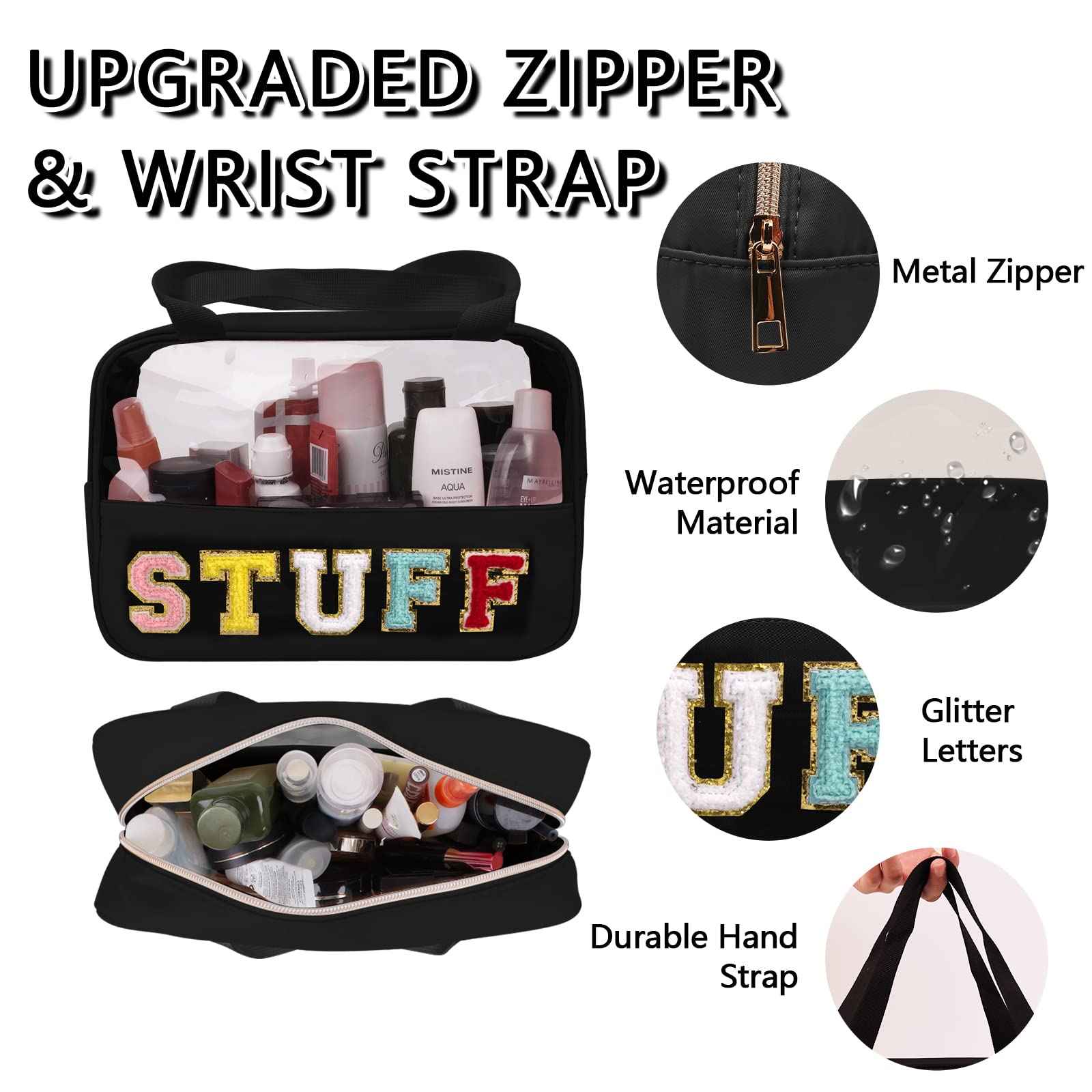 Chenille Letter Patch Stuff Bag, Preppy Clear Makeup Cosmetic Bag Large Toiletry Storage Tote Bag with Handle, Transparent Nylon Waterproof Organizer Zipper Pouch for Travel Women Girls(Black)