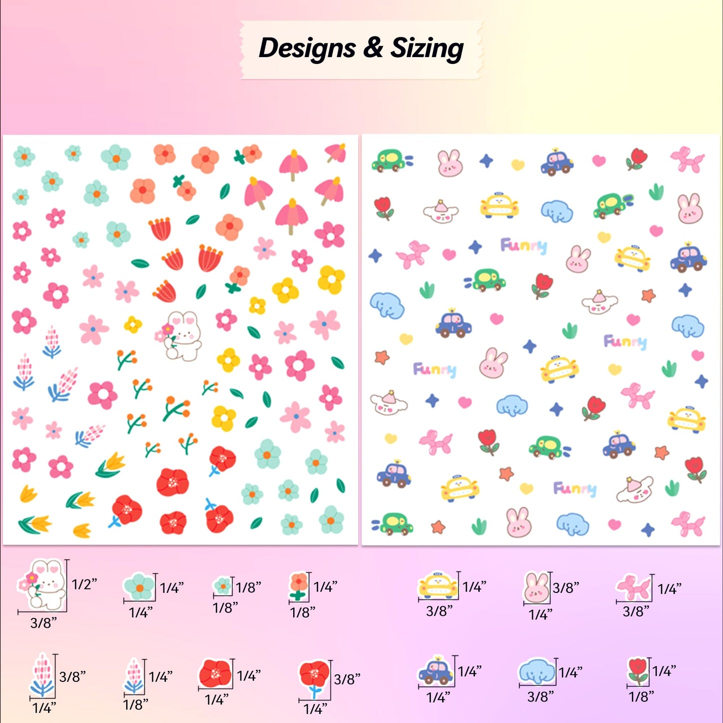 4 Sheets of 3D Nail Stickers - 292 Cute Nail Stickers - Embossed Nail Stickers for Kids | Kawaii Nail Stickers - Flowers, Hearts, Bunny, Panda, Dinosaurs | Glow in The Dark Kids Nail Stickers