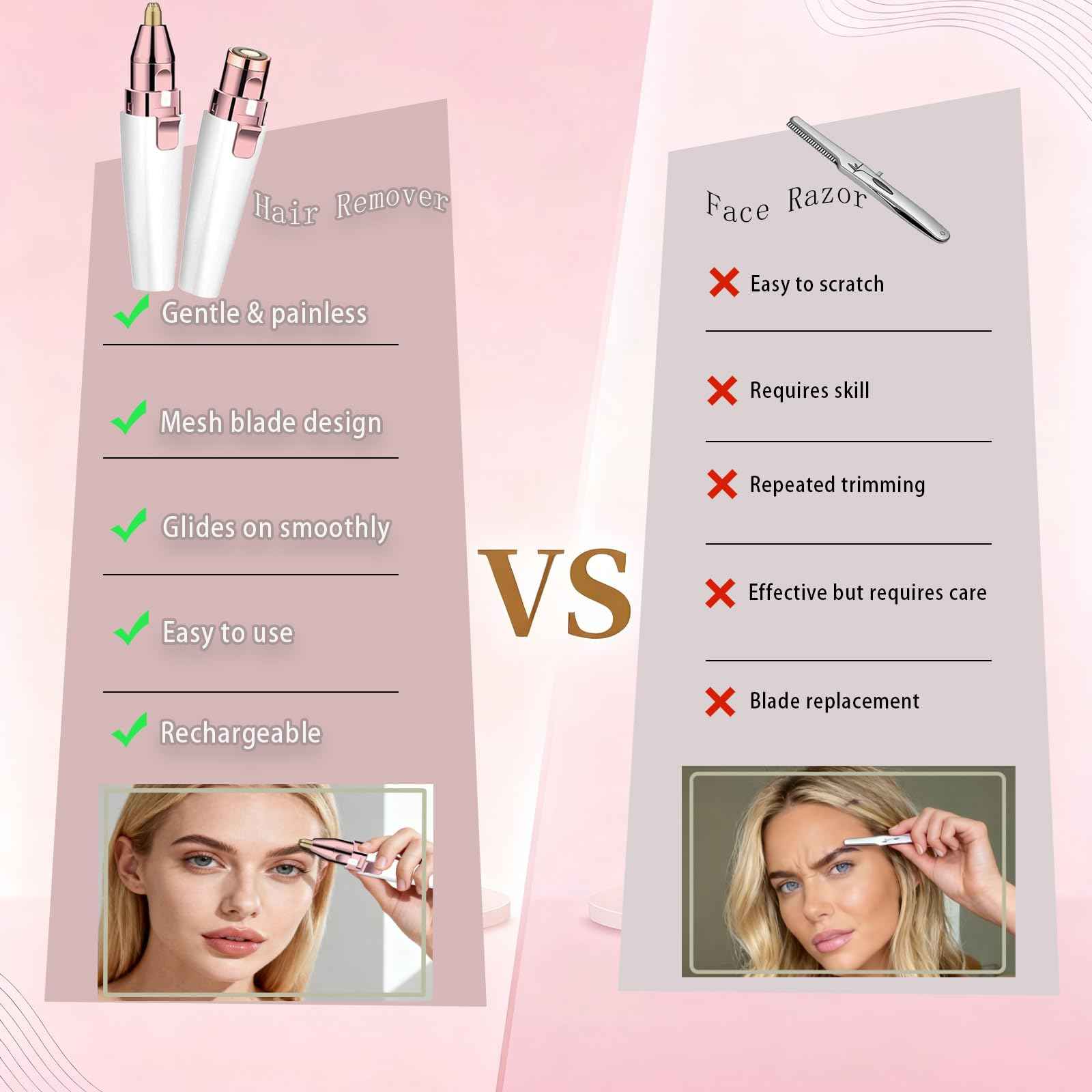 Eyebrow Trimmer Facial Hair Removal for Women, 2 in 1 Electric Rechargeable Face Shaver & Eyebrow Razor with Painless Gentle Trimming - for Face, Upper Lip, Eyebrows