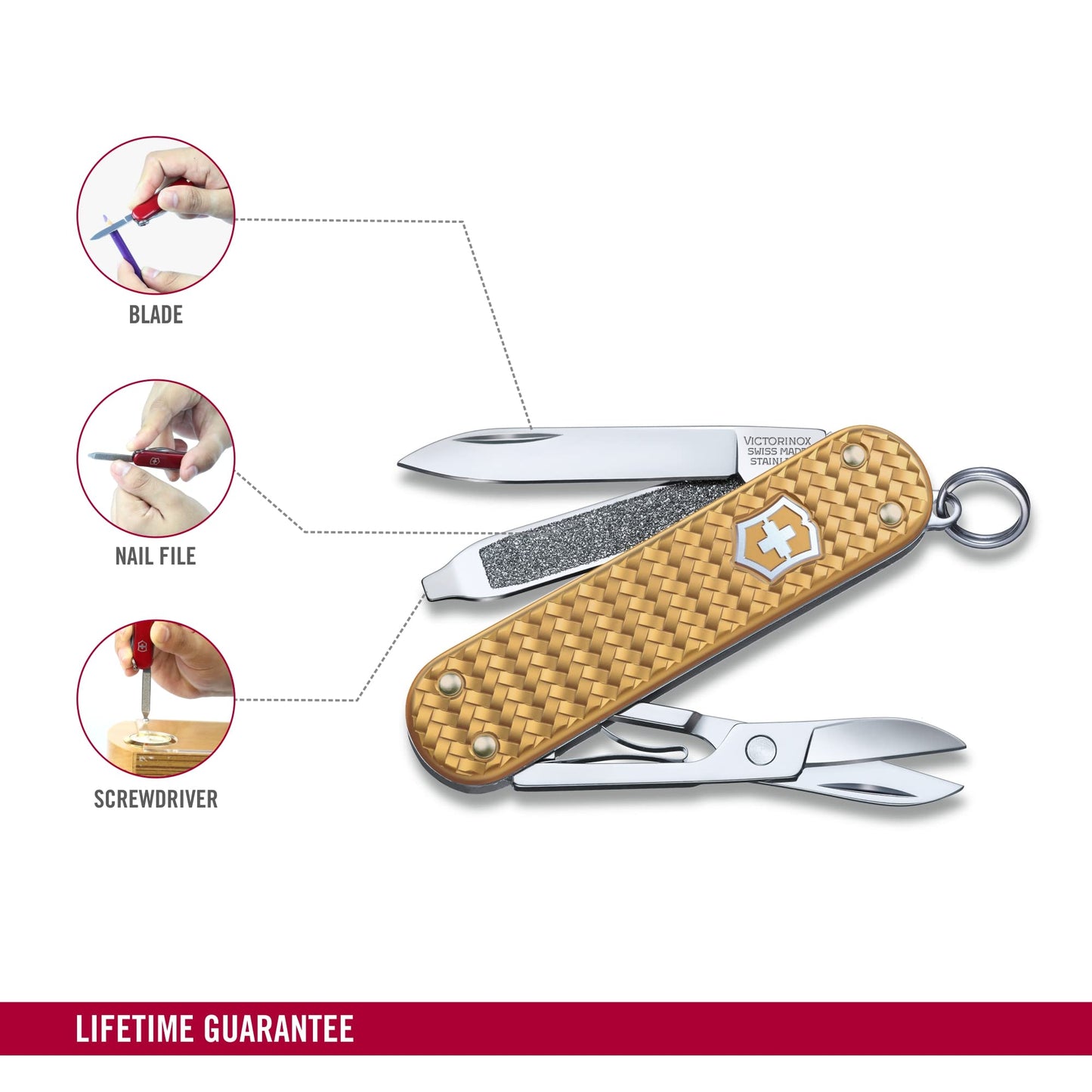 Victorinox Classic SD Precious Alox Swiss Army Knife, Compact 5 Function Swiss Made Pocket Knife with Small Blade, Screwdriver and Key Ring - Brass Gold