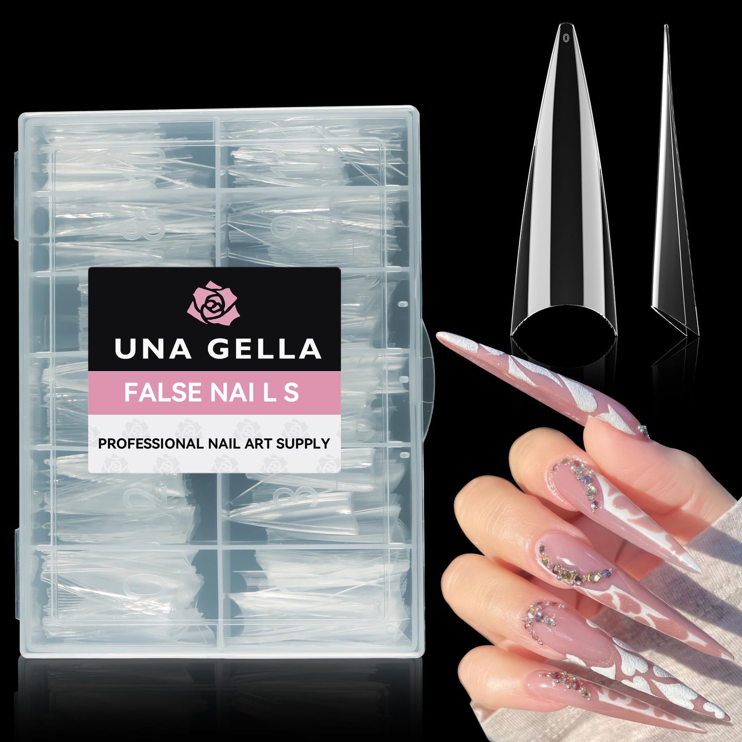 UNA GELLA Long Stiletto Almond Nail Tips for Acrylic Nails 216PCS XXL Long Stiletto False Fake Nails No C Curve Half Nail Tips Traceless Soft Gelly Tips Long Extensions 12 Sizes DIY Nail Art