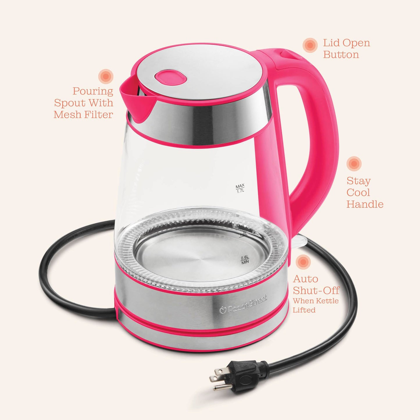 Speed-Boil Water Electric Kettle, 1.7L 1500W, Coffee & Tea Kettle Borosilicate Glass, Water Boiler, Auto Shut-Off, Cool Touch Handle, Base Detachable, LED. 360° Rotation, Boil Dry Protection