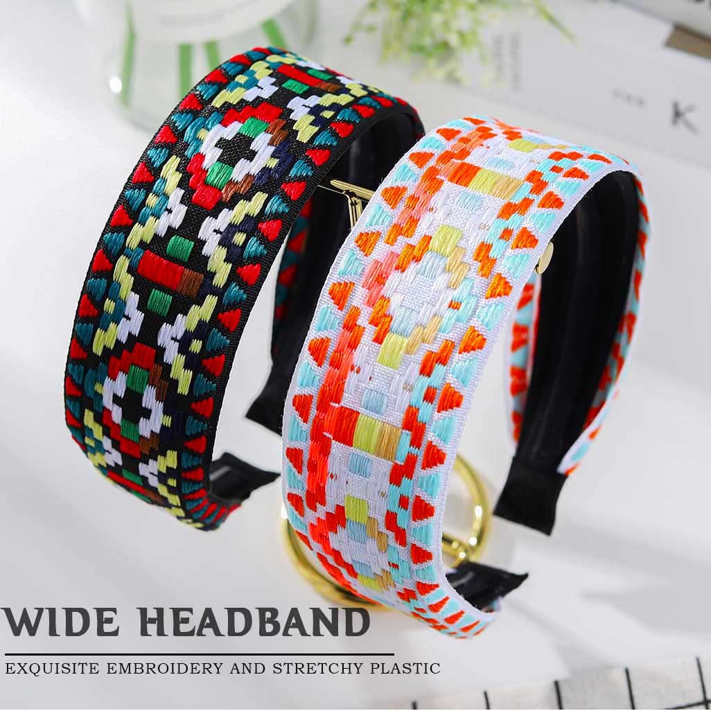 Sinalty Boho Wide Headbands Embroidery Hairbands Ethnic Turban Head Band African Hair Band for Women Pack of 2 (Simple)