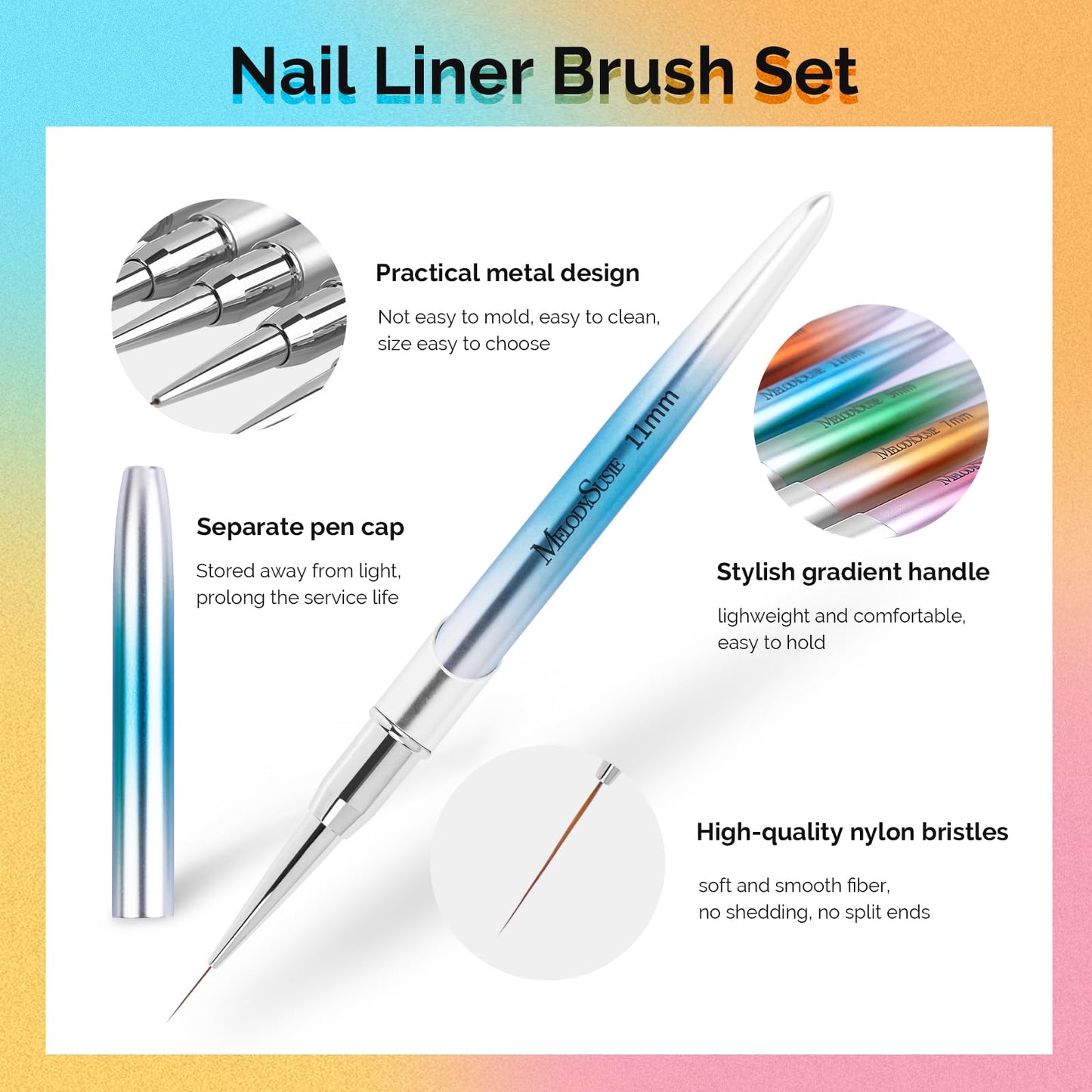 MelodySusie Nail Art Liner Brushes 5Pcs Professional Gel Polish Painting Art Design Pen Set for Thin Long Lines,Tiny Details,Fine Drawing,Delicate Coloring,Gradient Metal Handle -Sizes 5/7/9/11/20mm