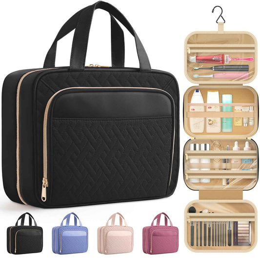 HOTOR Travel Toiletry Bag for Women & Men, Waterproof Makeup Bag with Hanging Hook and Multiple Pockets, Cosmetic Bags for Women, Travel Essentials, 12.6'' x 4.3'' x 9.9'', Black