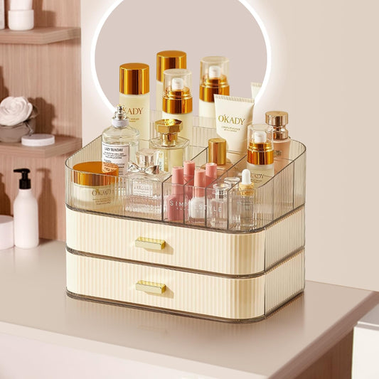 Classy Makeup Organizer with Drawer for Countertop, Large Capacity Clear Makeup Storage Cosmetic Organizer for Vanity, Stackable Storage Drawer for Cosmetics, Skincare, Perfume, and Toiletries