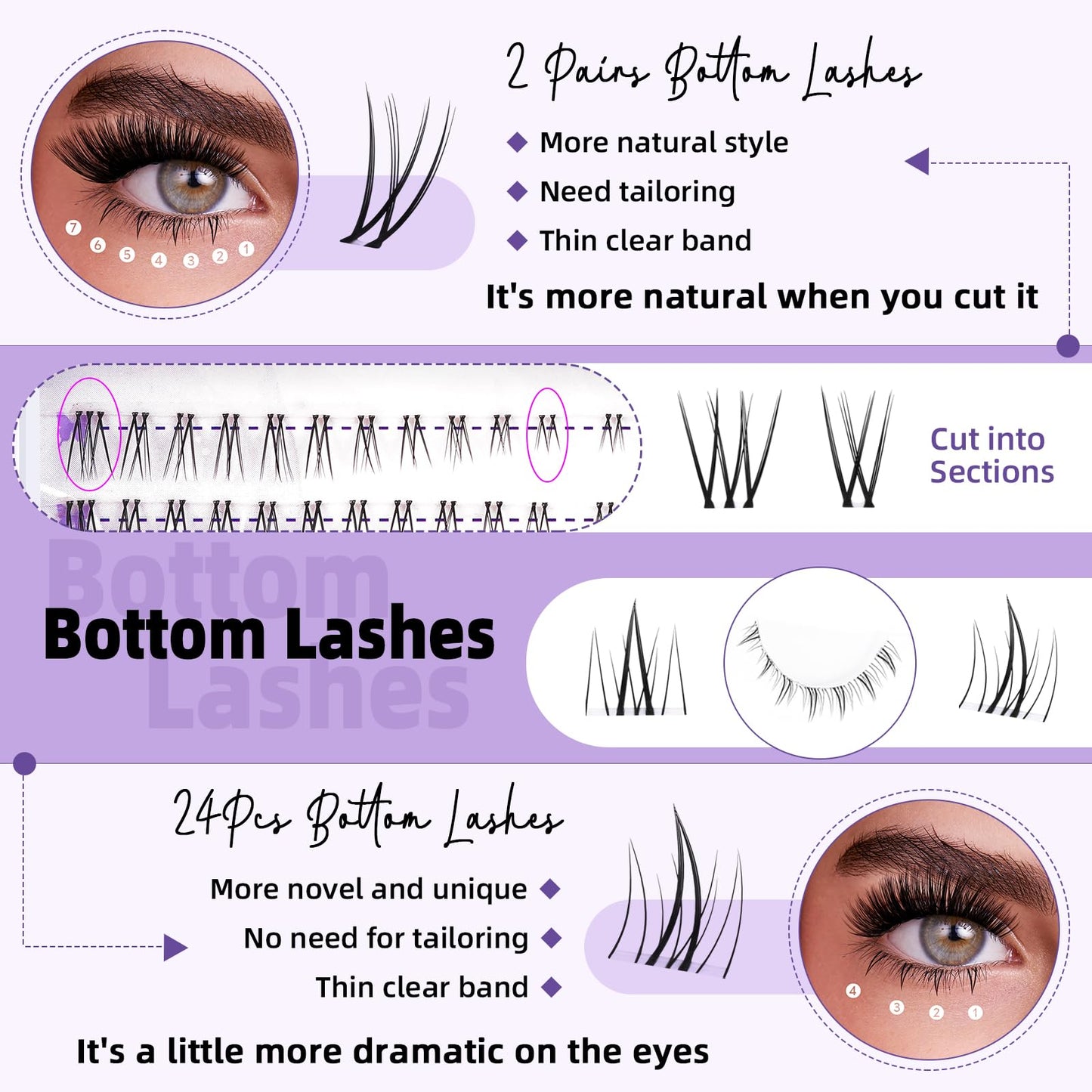 Lash Clusters with Bottom Lashes 10-18mm 50D D Curl Lash Clusters Individual Lashes Cluster Eyelash Clusters Wispy with 2 Styles Bottom Lash Extension DIY Lash Extensions at Home (50D-D-MIX10-18)