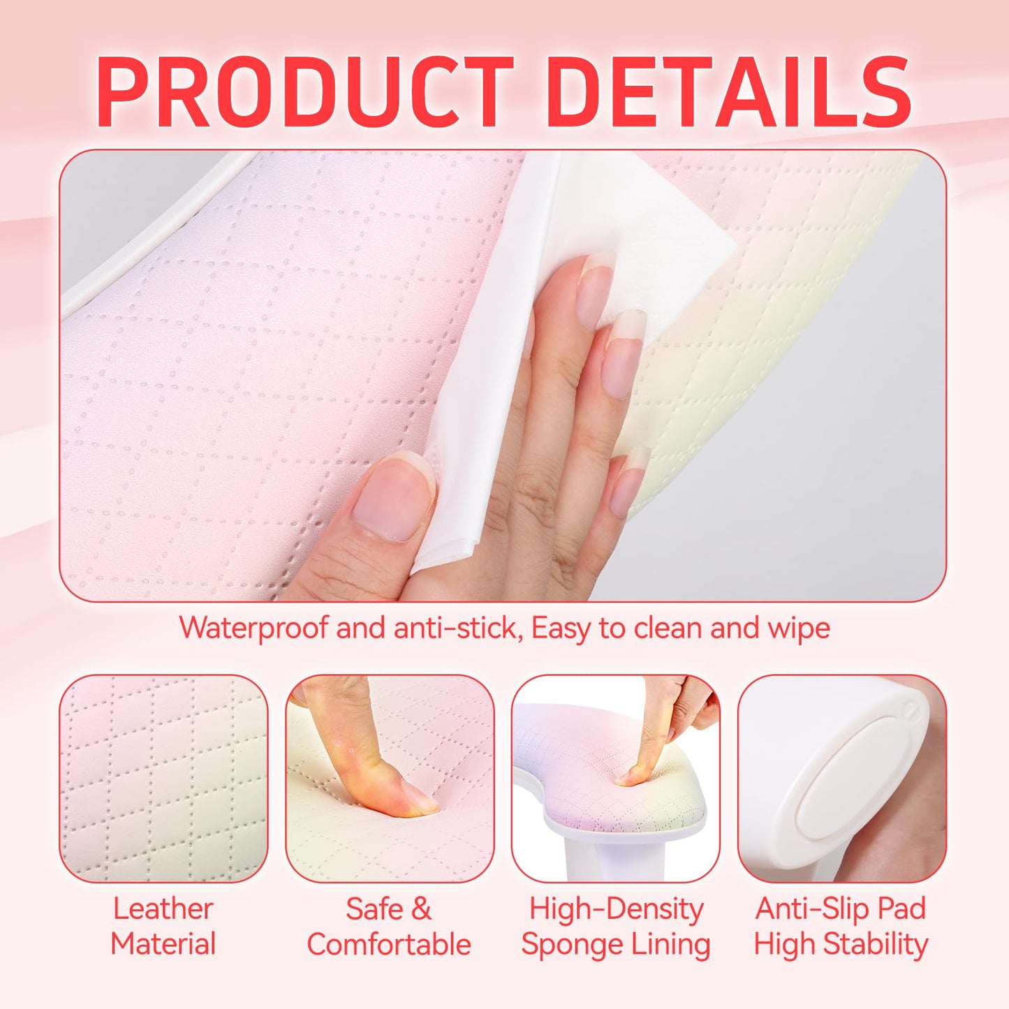 Professional Nail Tech Hand Rest - U-Shaped Manicure Arm Cushion, Large Microfiber PU Leather Pillow for Acrylic Nail Technicians (Light Rainbow Color)