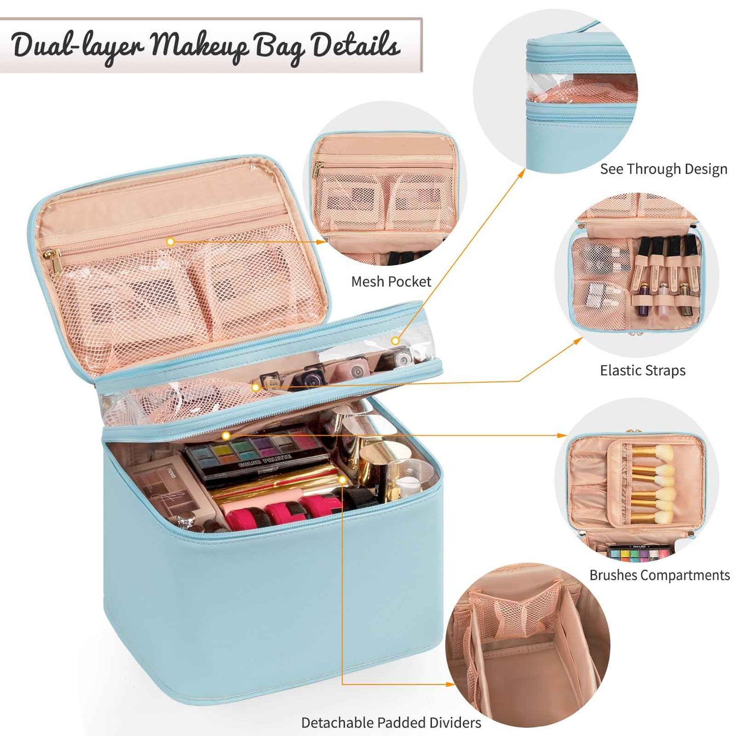 OCHEAL Large Makeup Bag, Double Layer Makeup Bag, Vertical Storage Cosmetic Case for Women/Girls with Multiple Compartments-Blue-xl