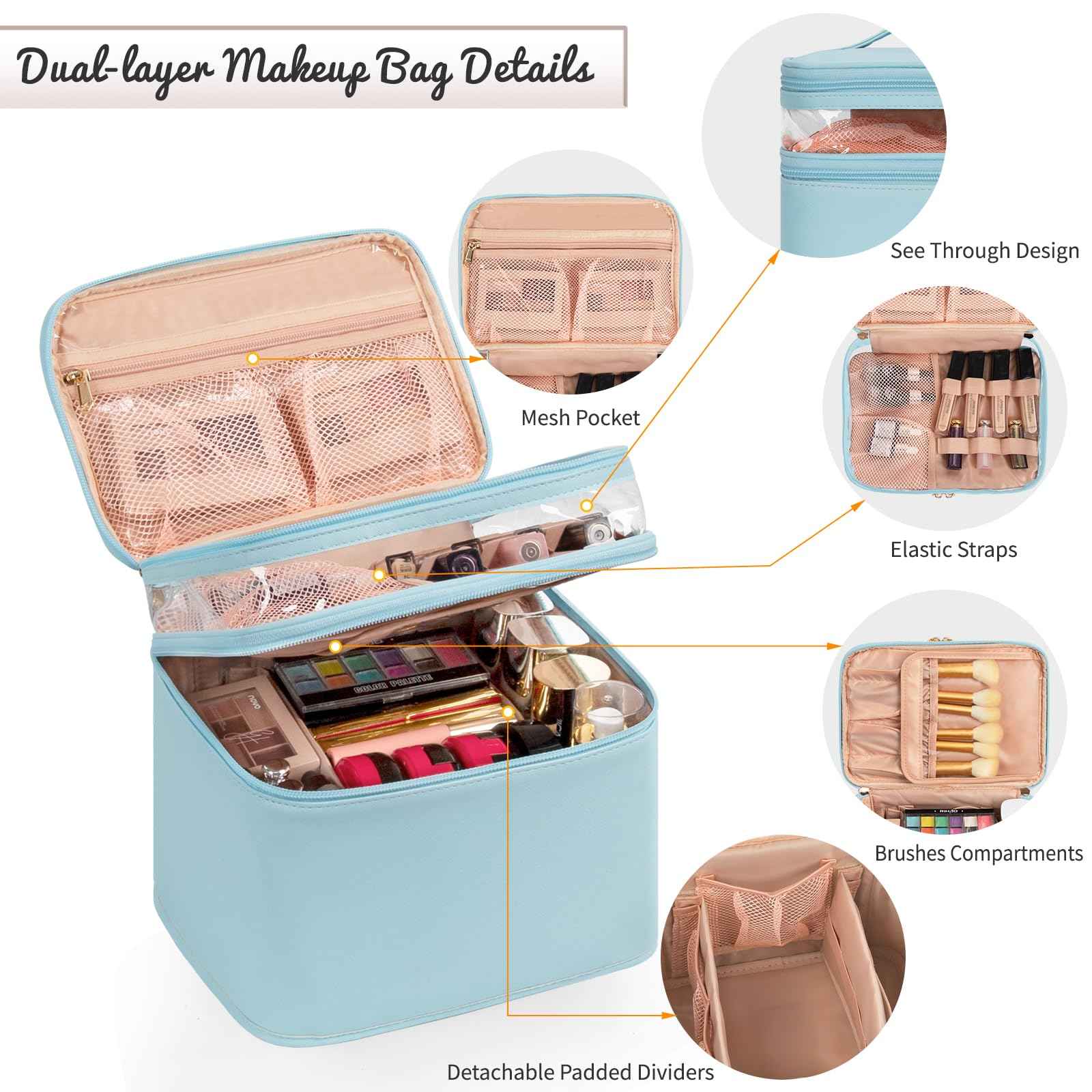 OCHEAL Large Makeup Bag, Double Layer Makeup Bag, Vertical Storage Cosmetic Case for Women/Girls with Multiple Compartments-Blue-xl