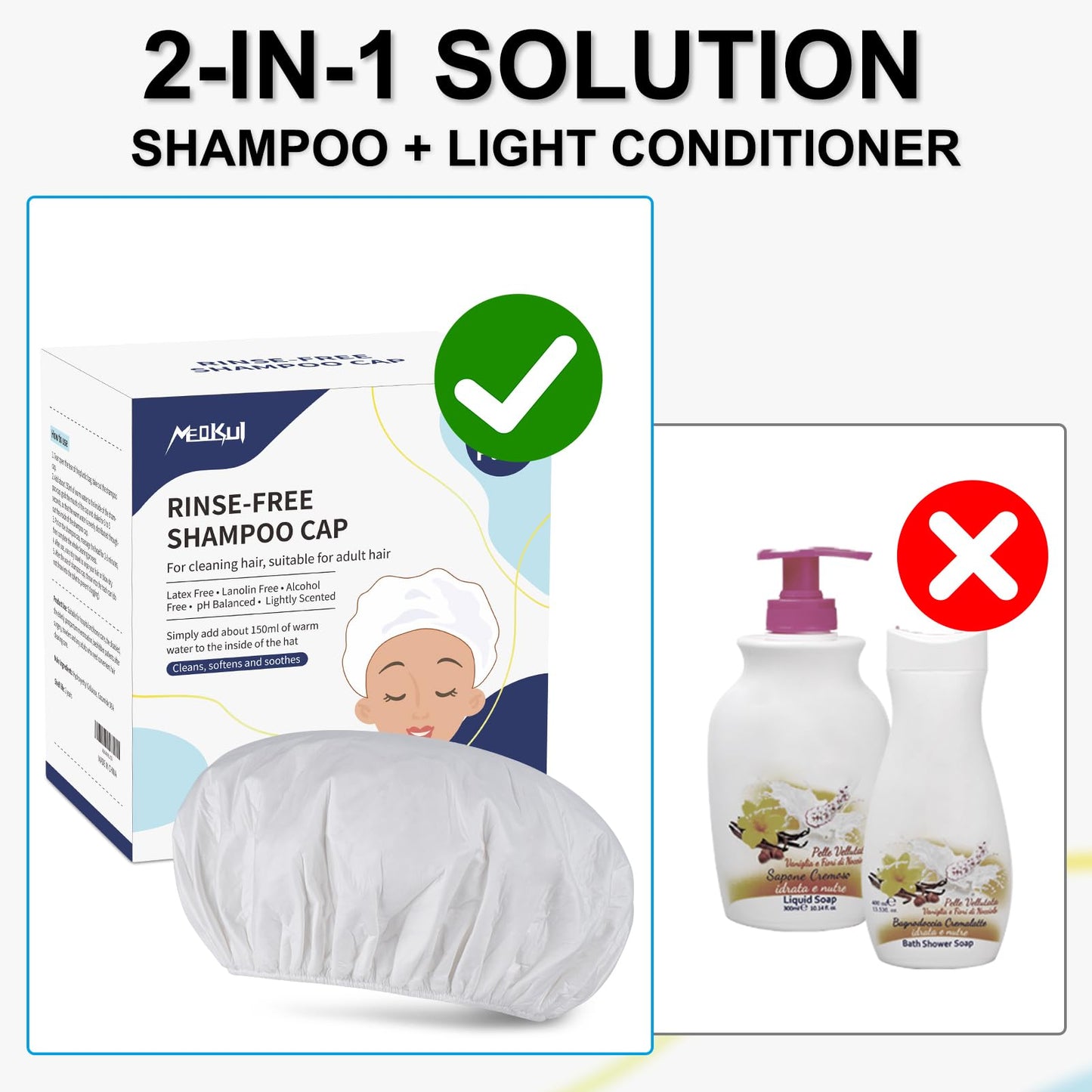 2024 Shampoo Caps No Rinse, Portable Rinse Free Shower Cap that Shampoos for Home, Nursing Home, Outdoor Travel, Surgery, Hospitalization, Mobility Impaired and Seniors (12 Pack)