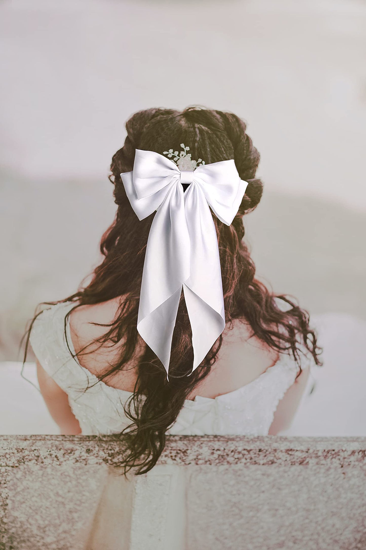 Satin Hair Barrettes Clip for Women Large Bow Hair Slides Metal Clips French Barrette Bowknot with Long Tail Silk Hair Bow Hairpin 90's Hair Accessories (White+White)