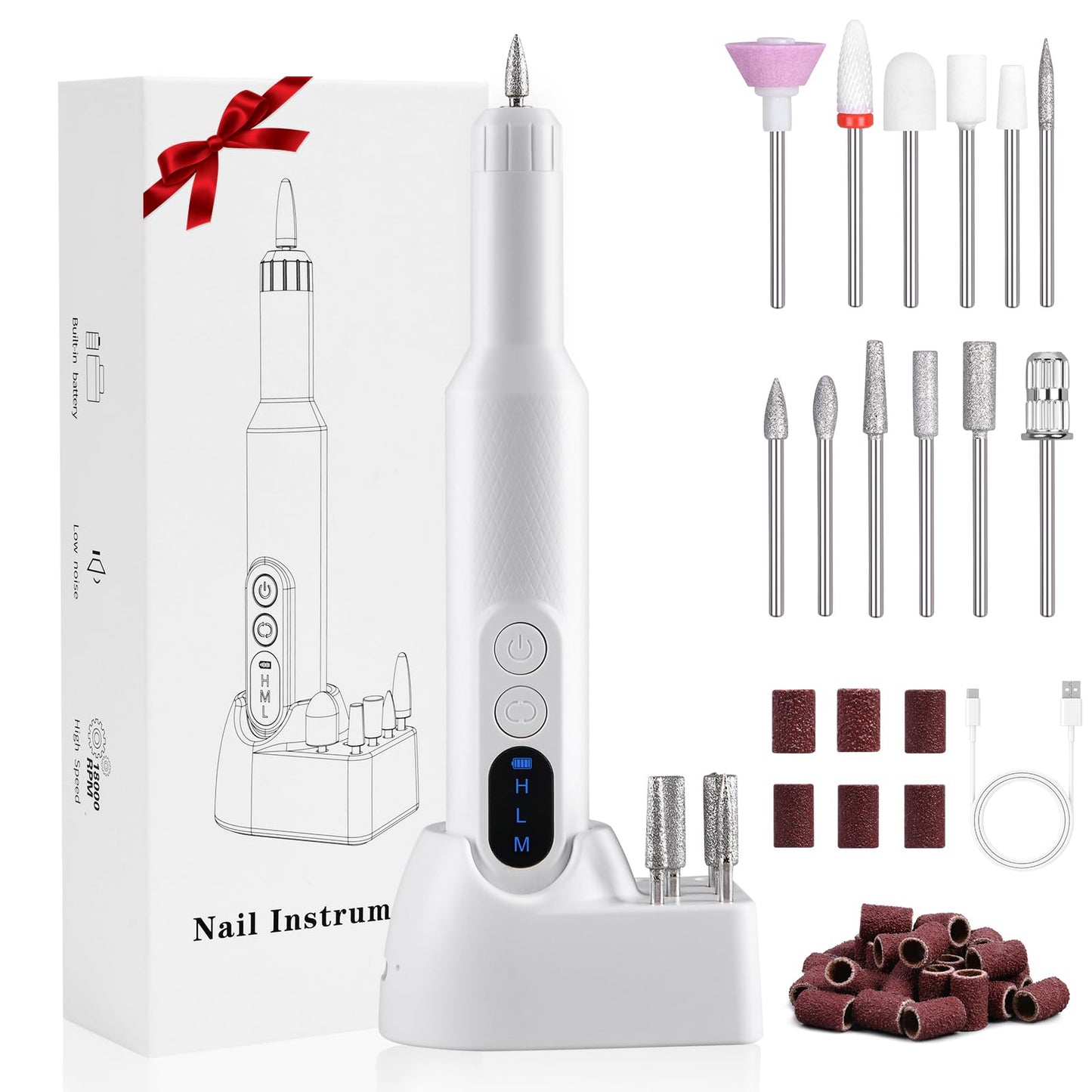 URAQT Electric Nail Drill, Nail Drill Kit Professional Nail Drill Bits Electric Nail Files Electric Nail Drill with 12 Nail Drill Bits Adjustable Speed Electric Manicure and Pedicure Set (White)