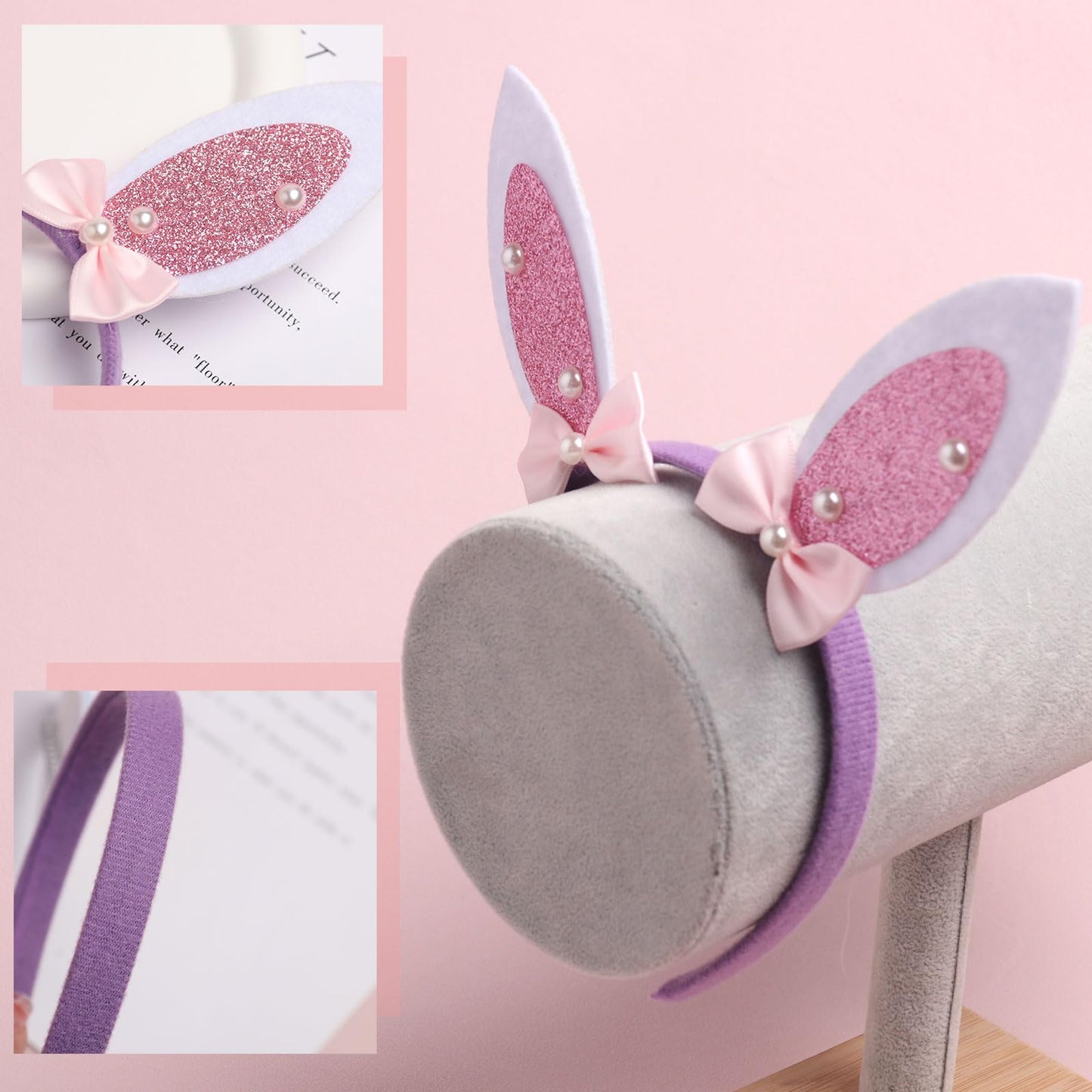 HIFANMM Easter Headbands Bunny Ears Hair Bands for Women Girls Kids, Cute Pink Rabbit Ear with Pearls Bow Hair Accessories Easter Day Decoration Headdress Party Supplies Gift Hair Hoop 1 Pcs