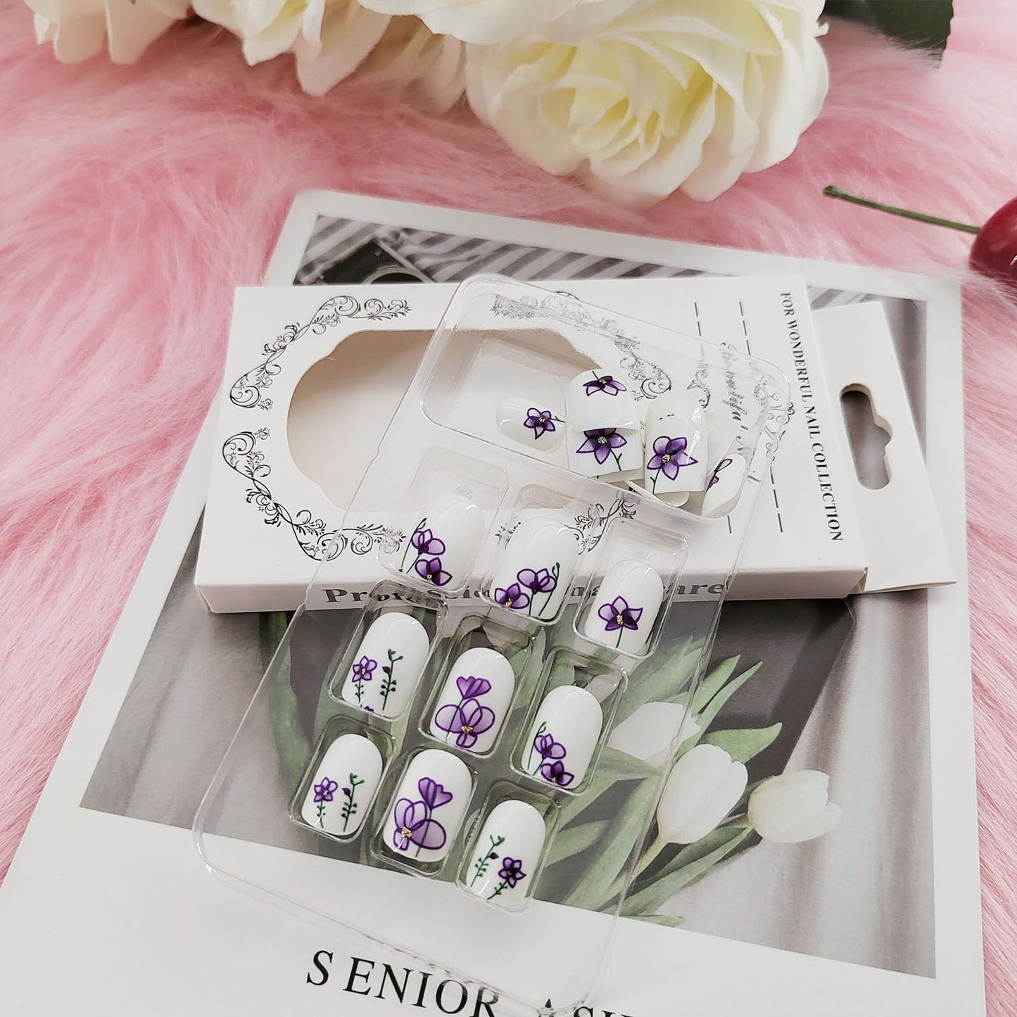 Square Press on Nails Short Cute White Nails Acrylic False Nails with Purple Flower Designs Artificial Fake Nails Reusable Glue on Nails for Women and Girls