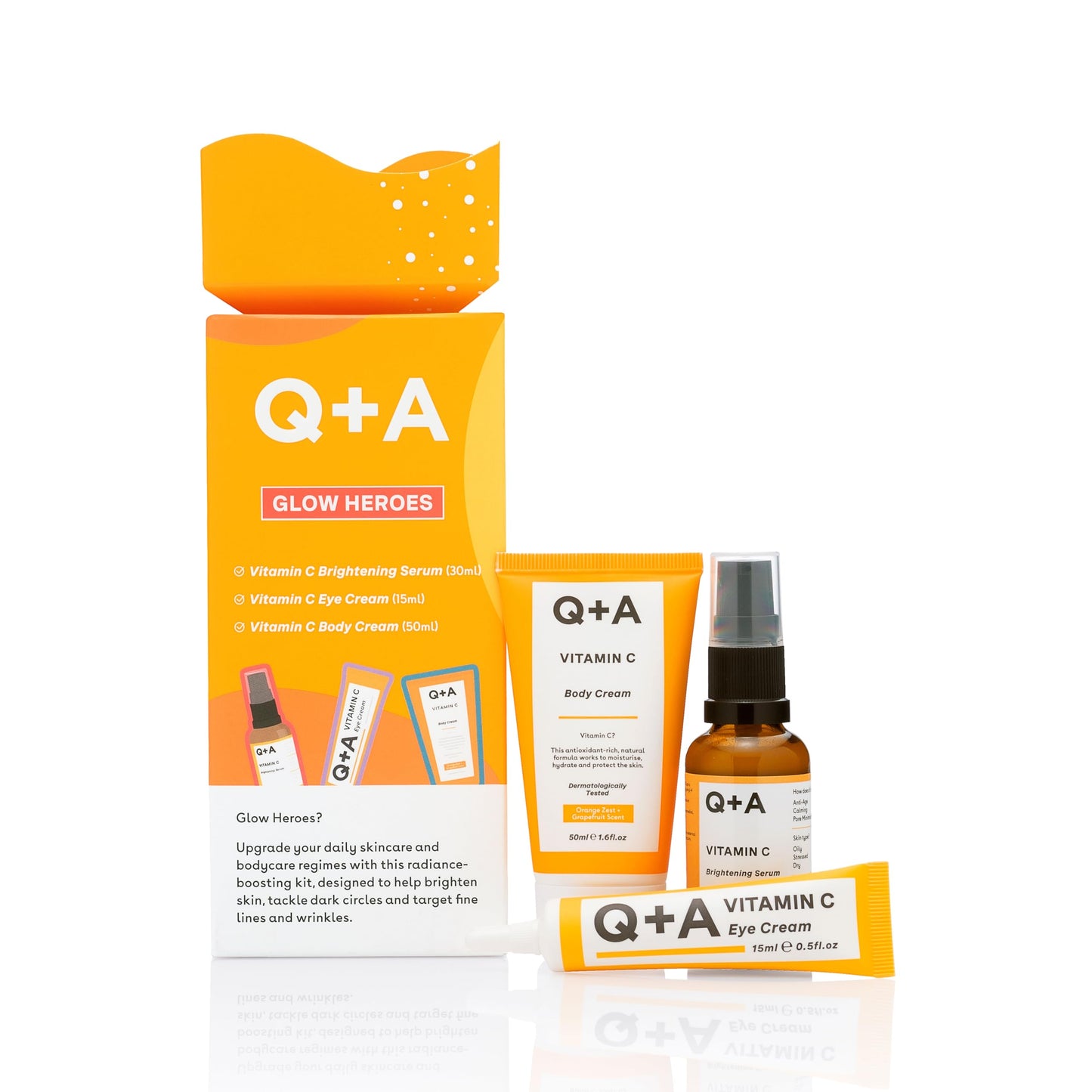 Q+A Glow Heroes Skincare Giftset - A Trio with Vitamin C Serum 30ml, Eye Cream 15ml & Body Cream 50ml - Rejuvenate - Vegan & Cruelty-Free, Made in UK