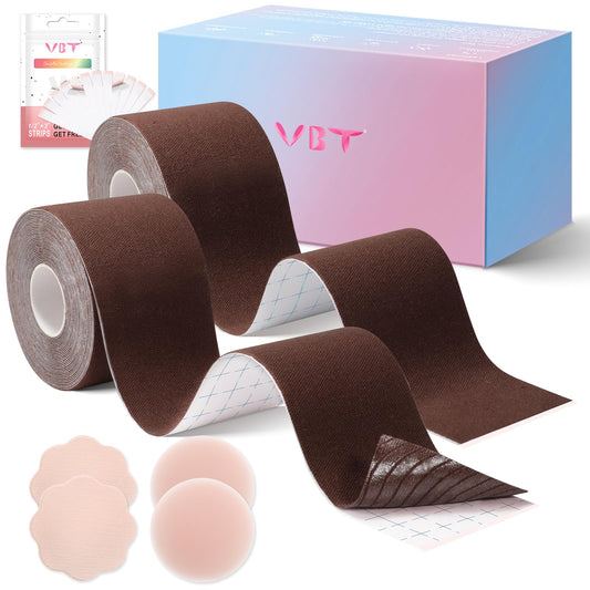 VBT 2 Pack Boob Tape - Breast Lift Tape, Body Tape for Breast Lift w 2 Pcs Silicone Breast Reusable Adhesive Bra& 2 Pcs Fabric Nipple Covers, Bob Tape for Large Breasts A-G Cup, Brown