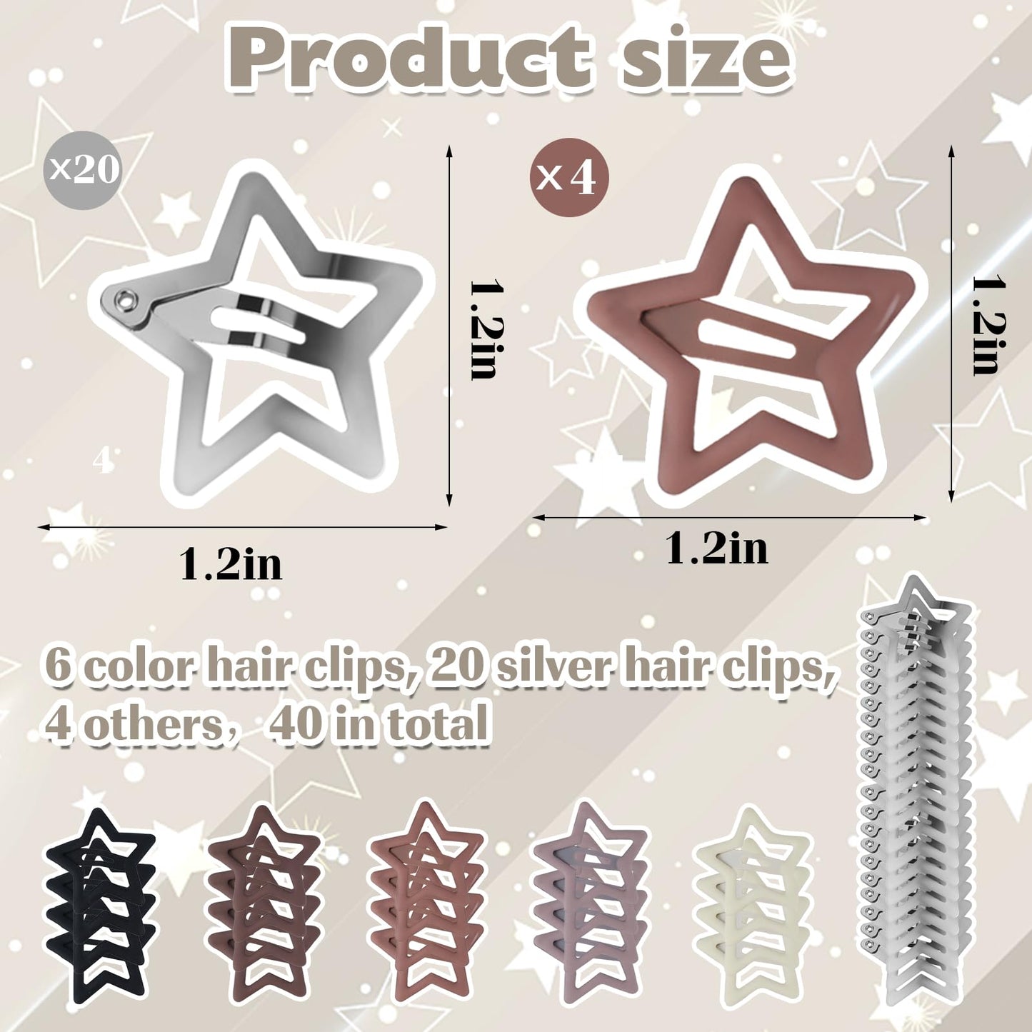 40Pcs Silver Star Hair Clips Y2K Hair Accessories for Women Brown Cute Hair Pins for Girls Aesthetic Star Barrettes for Hair Non Slip Kawaii Snap Hair Clips for Thick Hair Styling Tools