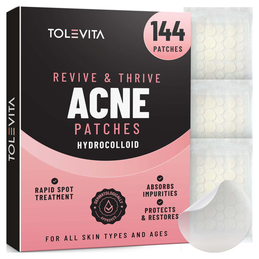 TOLEVITA - Hydrocolloid Acne Patches for Face | Blemish and Zit Covering Patches for All Skin Types | Pimple Spot Stickers | Gentle, Waterproof and Invisible Patches for Day & Night Use - 144 Pcs