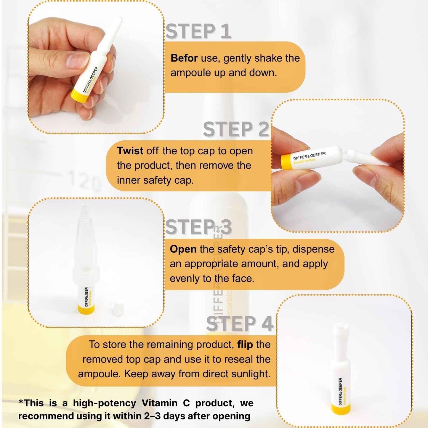 Differ & Deeper Ascorbic For Daily Ampoule – 20% Pure Vitamin C Serum Lightweight Formula | K-Beauty Skincare Ampoules (7 x 2ml)
