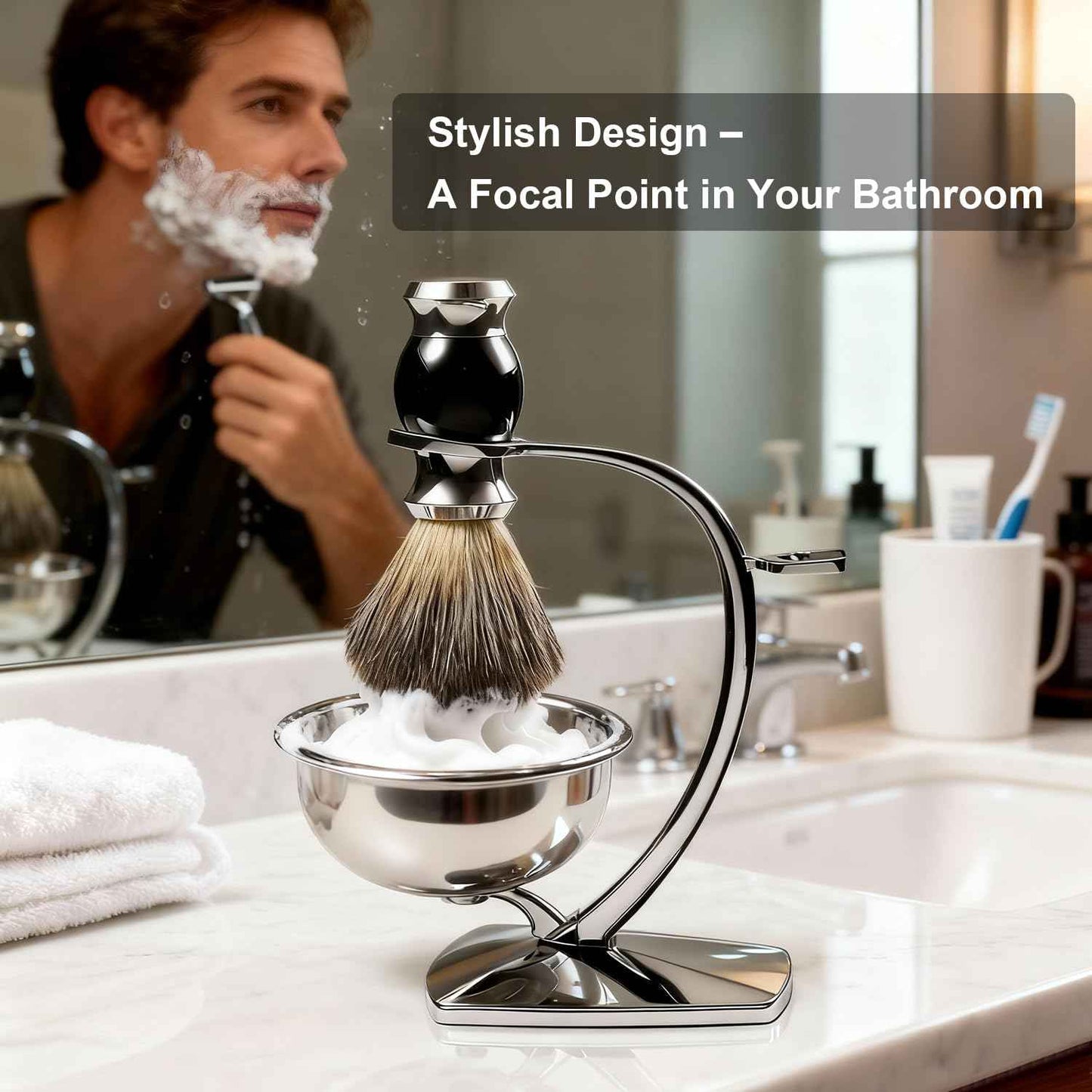 GRUTTI Shaving Bowl, Stand and Brush Set - 3-Piece Magnetic Base Bowl, Chrome Alloy Stand & Synthetic Brush | Razor Not Included