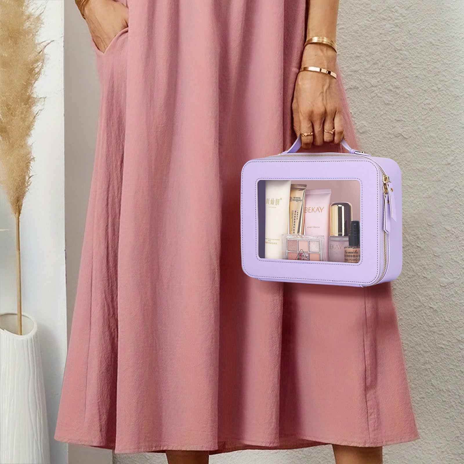 LOFOWN Travel Makeup Set Waterproof Transparent Cosmetic Bag and Toiletry Bag Makeup Brush case with Zipper Car Essentials for Women (Purple, L+M+SLIM)