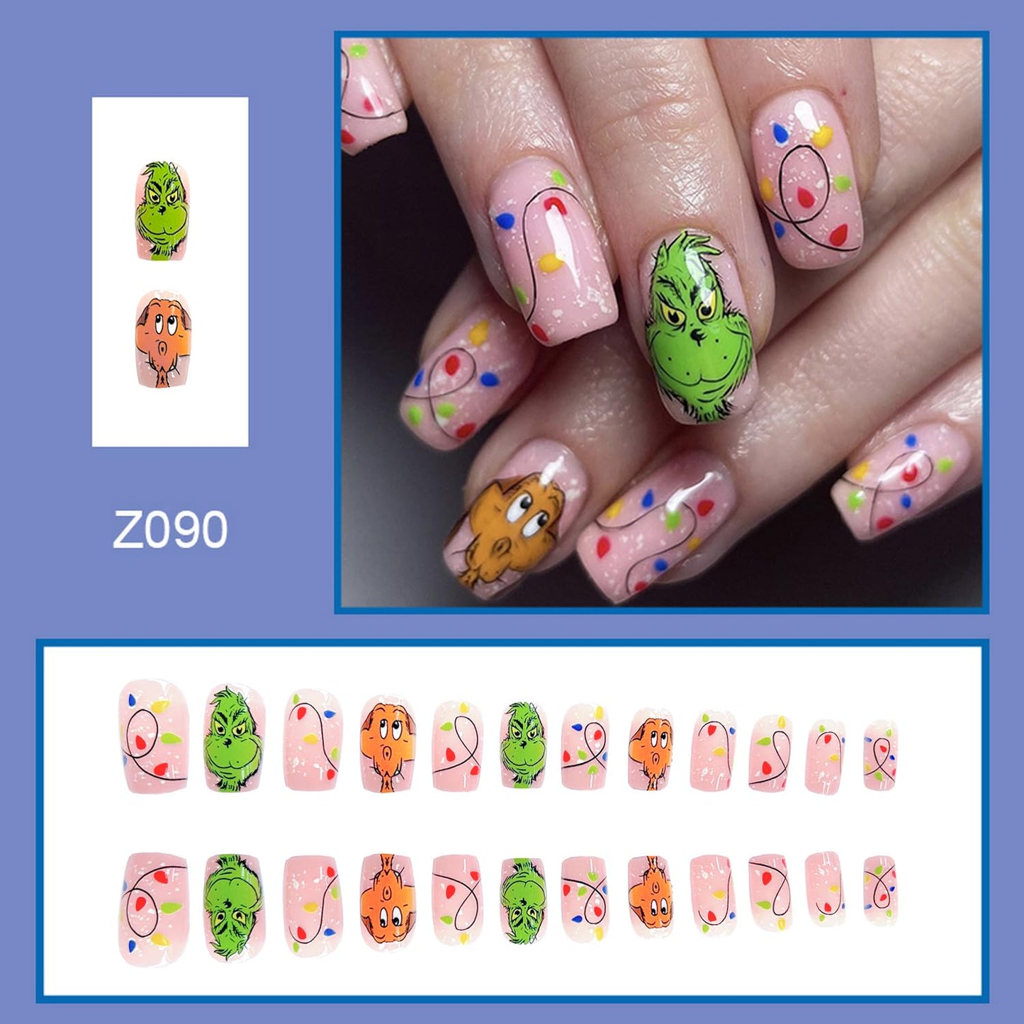 Christmas Press on Nails Medium Length Square Fake Nails with Glitter Design Full Cover Acrylic Nails Winter Monster False Nails with Designs Cute Xmas Artificial Nails Nail Decorations for Women