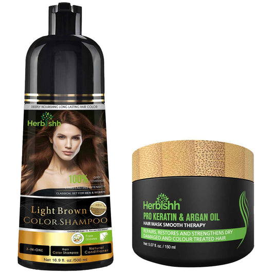 Herbishh Hair Color Shampoo Light Brown Magic Dye for Gray Hair Argan Hair Mask-Deep Conditioning & Hydration For Healthier Looking Hair 150ml