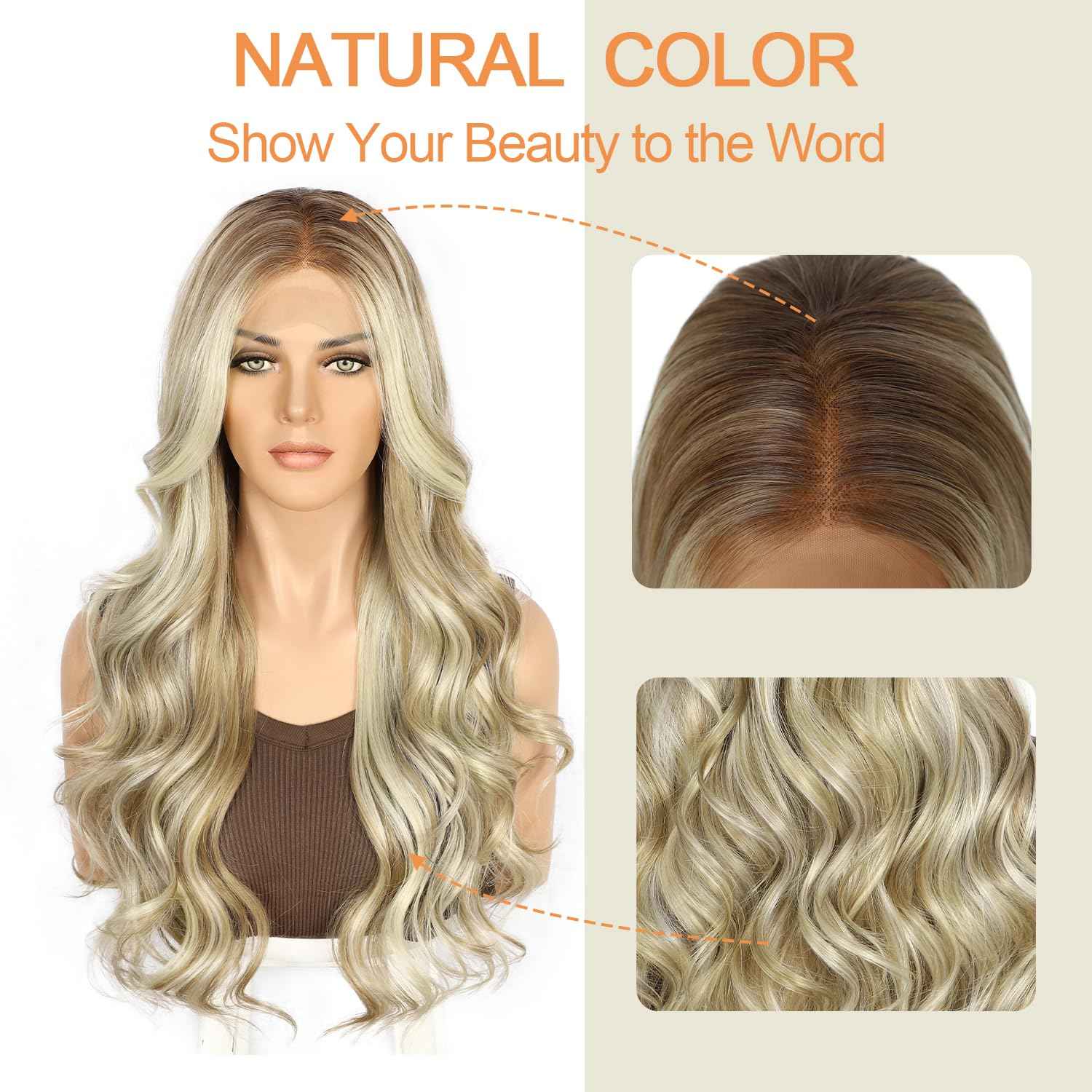 SAPPHIREWIGS Blonde Synthetic Lace Front Wig Ash Blonde Highlight 13×4 Loose Body Wave Wig Glueless Lace front Wigs for Women Pre Plucked Hairline Heat Resistant Wig for Daily Party Wigs 26inch