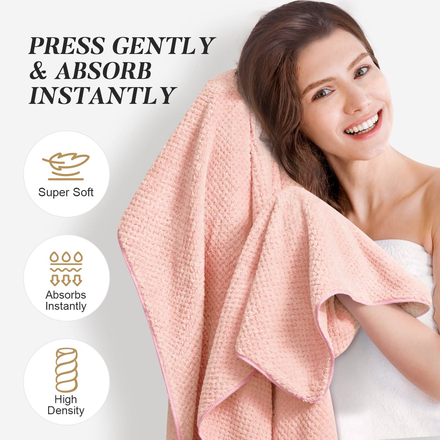 Sucedul Large Microfiber Hair Towel Wrap for Women, 41 x 27.5 Inch Super Absorbent Hair Drying Towel, Anti Frizz Fast Drying Hair Turbans for Long, Thick, Curly Hair Wrap Towels Pink