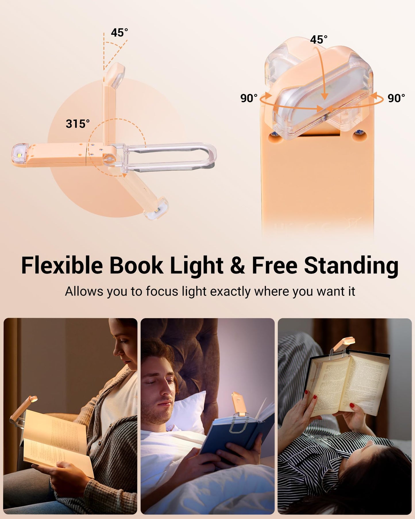 DEWENWILS USB Rechargeable Book Reading Light, LED Clip on Booklight Flexible Reading Lights in Bed, Car at Night, Warm White, Brightness Adjustable, Perfect for Bookworms, Kids (Peach Fuzz)