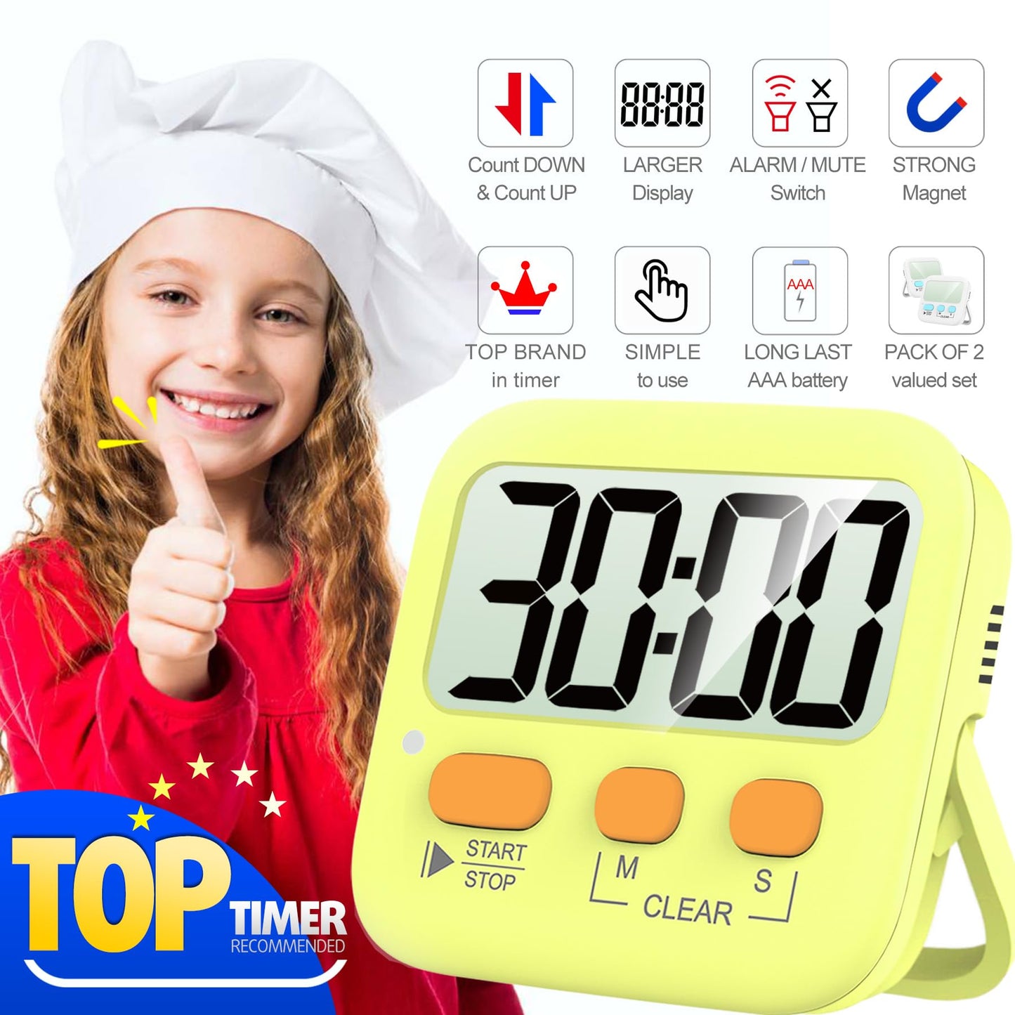 Antonki Timer, 2 Pack Timer for Kids, Kitchen Timers, Digital Timer for Cooking, Egg Timer, Classroom Timer for Teacher, Magnetic Countdown Timer for Exercise, Study, Oven - Battery Included