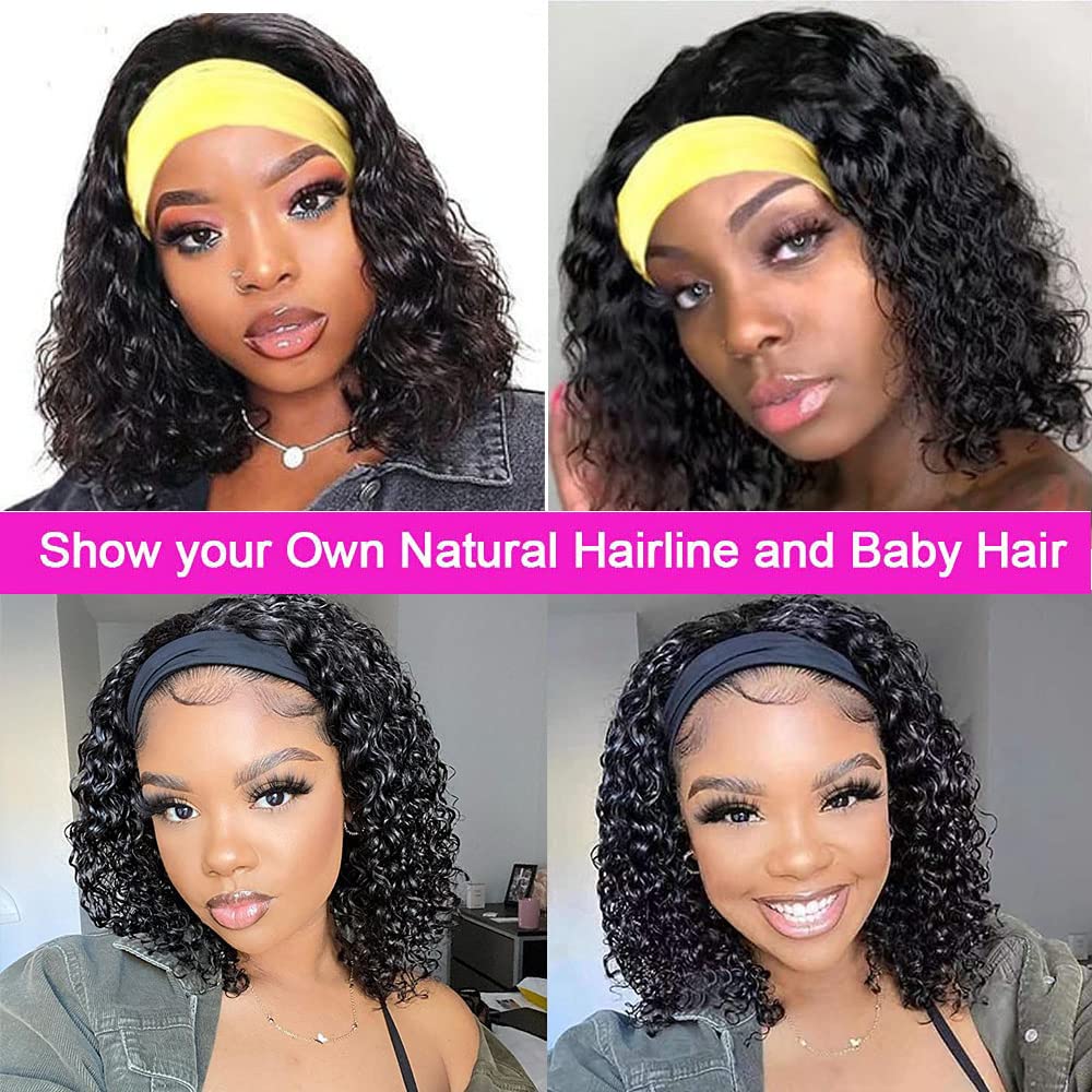 Rebasar Headband Wig Human Hair 12 Inch Glueless Wear and Go Curly Headband Wigs for Black Women Human Hair Deep Wave Headband Virgin Hair Black Wig