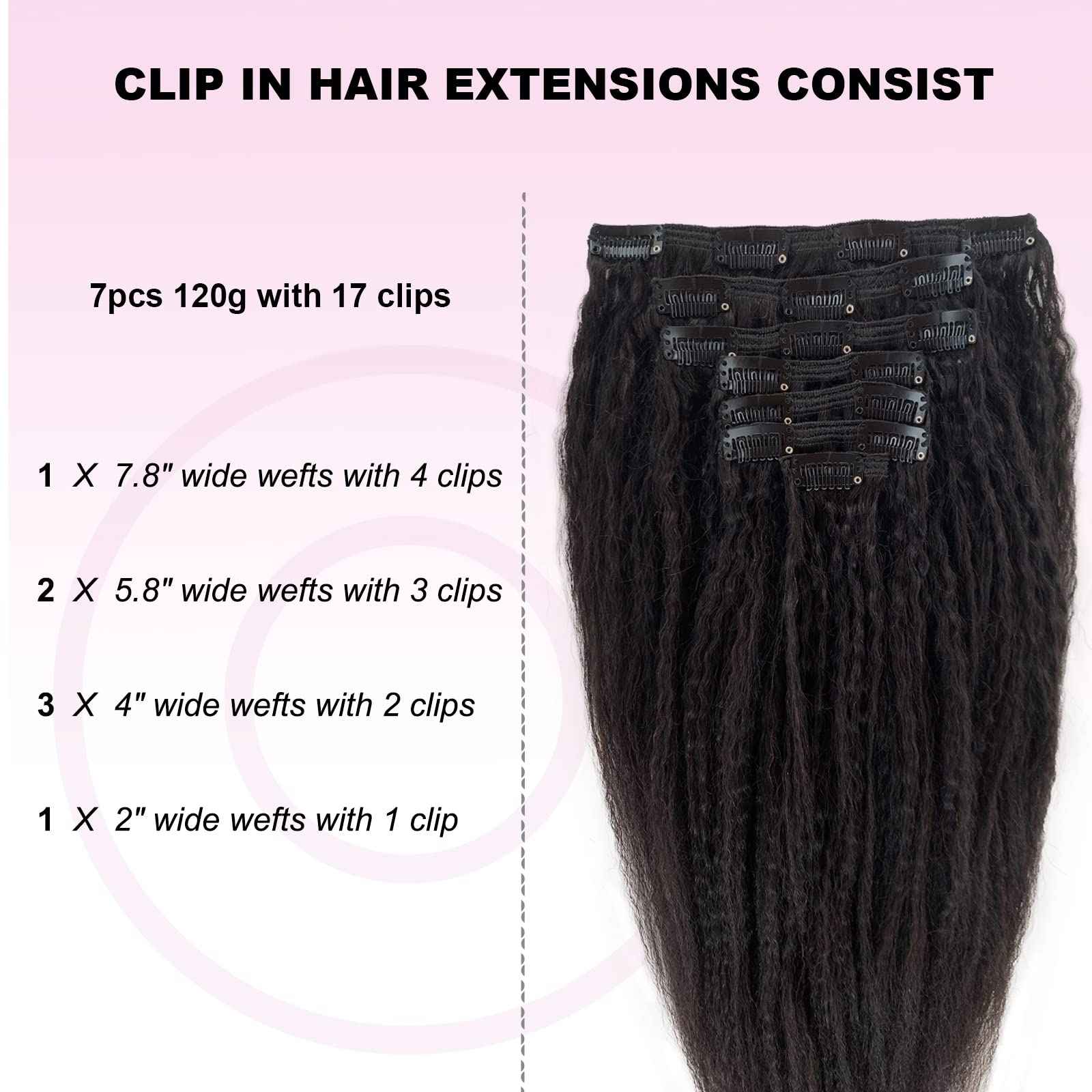 OiMiGO Real Hair Extensions, Natural Black Kinky Straight Clip in Extensions Brazilian Human Hair Clip ins Extension for Black Women 7 Pieces 14 Inch 120g