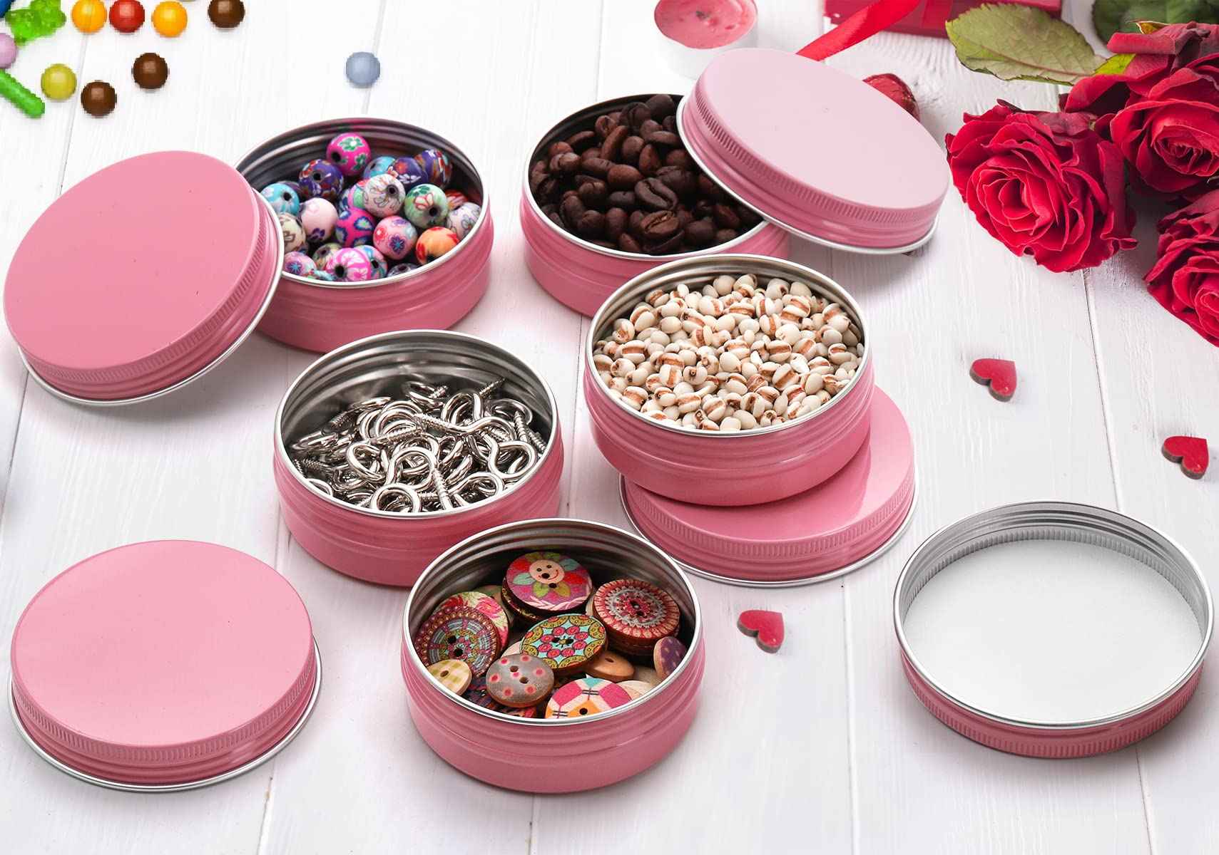 Foraineam 48 Pack 2 oz Screw Top Round Tin Cans with White Labels, Pink Aluminum Cosmetic Sample Containers, Metal Empty Tins Travel Storage Tin Jars for Lip Balm, Salve, Spice, Candy or Crafts