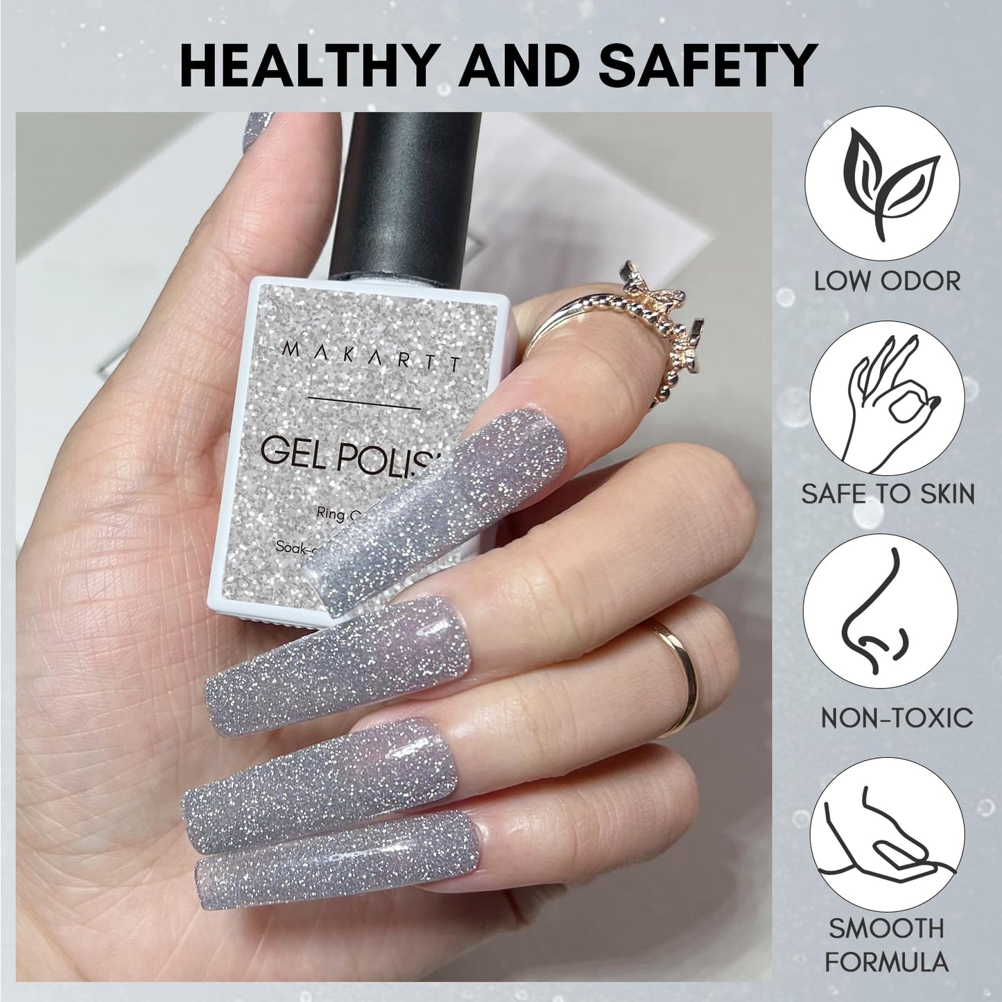 Makartt Reflective Glitter Gel Nail Polish RING ON IT Sparkling Disco Soak Off Diamond Gel Nail Art Christmas Gift DIY Manicure Salon at Home Glamour Shine Grey 15ML