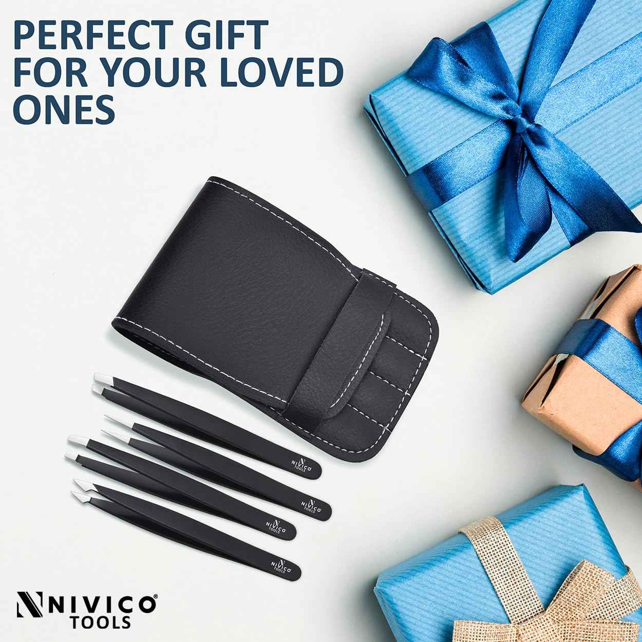 NIVICO Tweezers Set with Leather Pouch – Professional Stainless Steel Tweezers for Eyebrows Precision Facial Ingrown Hair Removal (Black)
