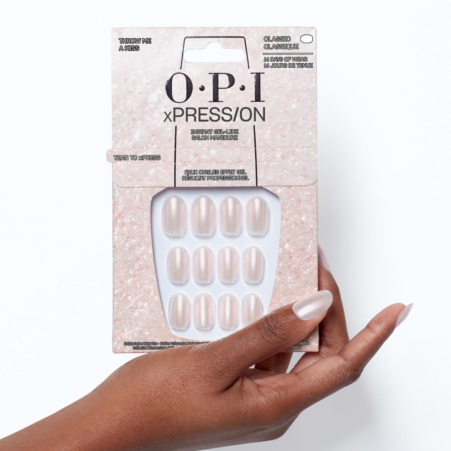 OPI xPRESS/ON Press On Nails, Up to 14 Days of Wear, Gel-Like Salon Manicure, Vegan, Sustainable Packaging, With Nail Glue, Short Pink Nails, Throw Me a Kiss