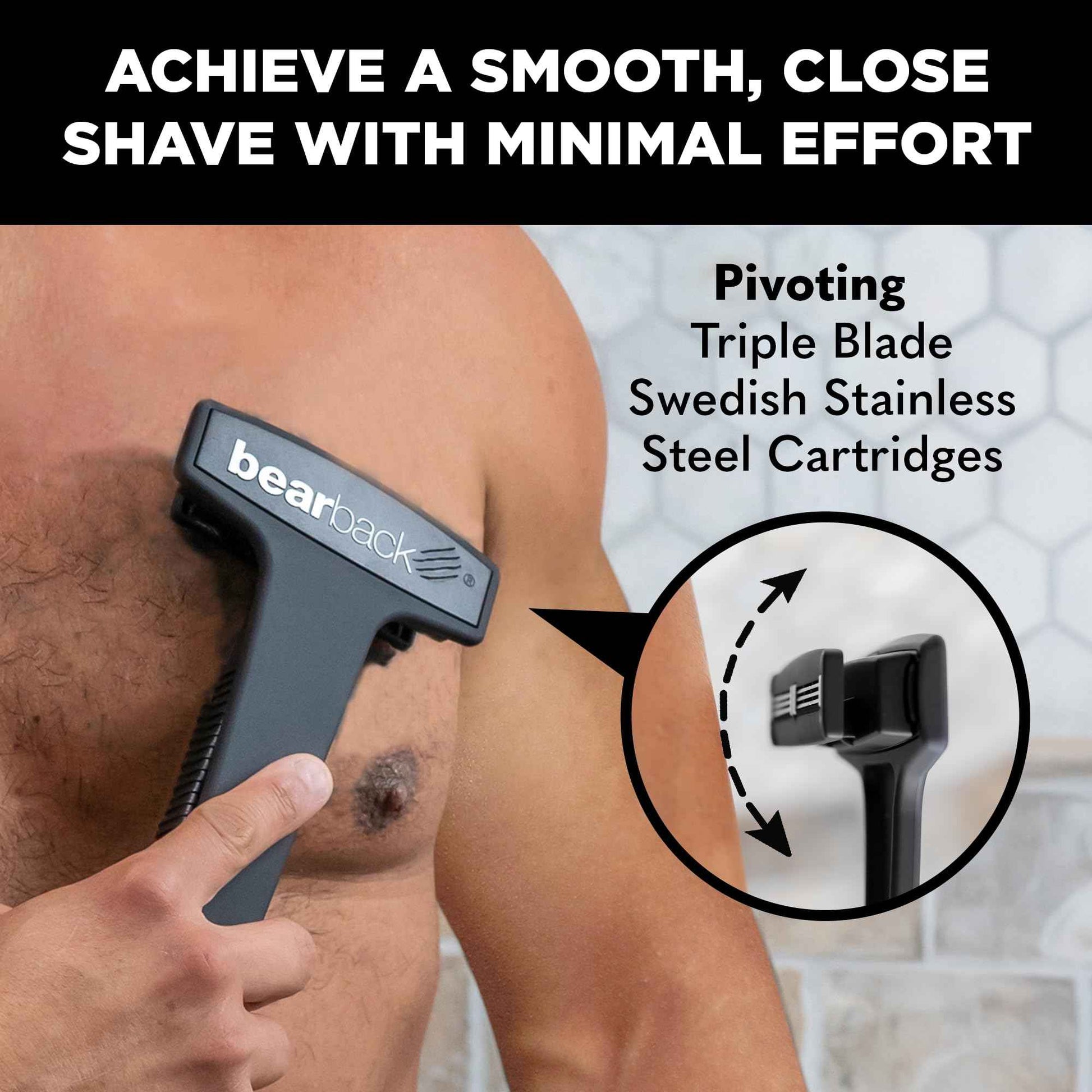 Bearback Shaver Cartridges – 4-Pack Refill Blades for Men’s Back Shaver – Triple Stainless Steel Pivoting Heads – Fits Bearback Handle & Grooming System