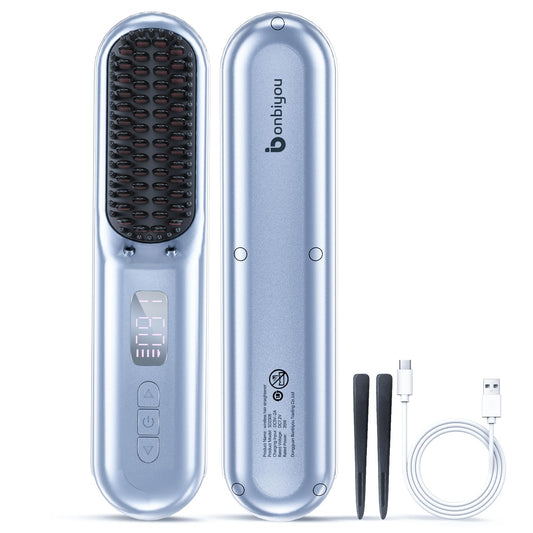 Bonbiyou Cordless Hair Straightener Brush-2024PRO Portable Rechargeable Straightening Brush for Travel/Home/Outdoor, Mini Ionic Hot Comb Straightener for Women, Lightweight On-The-Go Styling