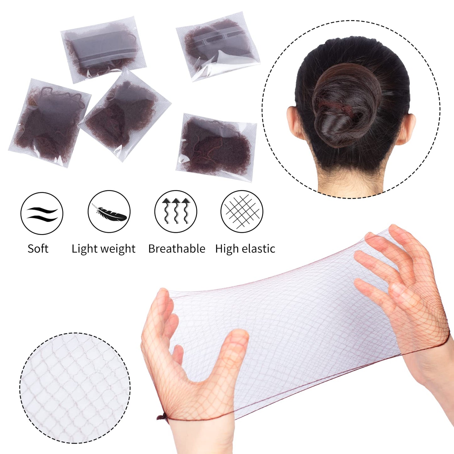 WeKen Hair Nets for Buns Invisible Hairnets Elastic Edge Mesh for Women Bun Dance Ballet Hair Net Accessories Kit (Total 55PCS Dark Brown)