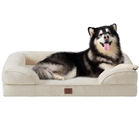 EHEYCIGA Orthopedic XL Dog Beds, Waterproof Memory Foam Dog Bed for Extra Large Dogs, Non-Slip Bottom and Egg-Crate Foam Big Dog Couch Bed with Washable Removable Cover, Beige